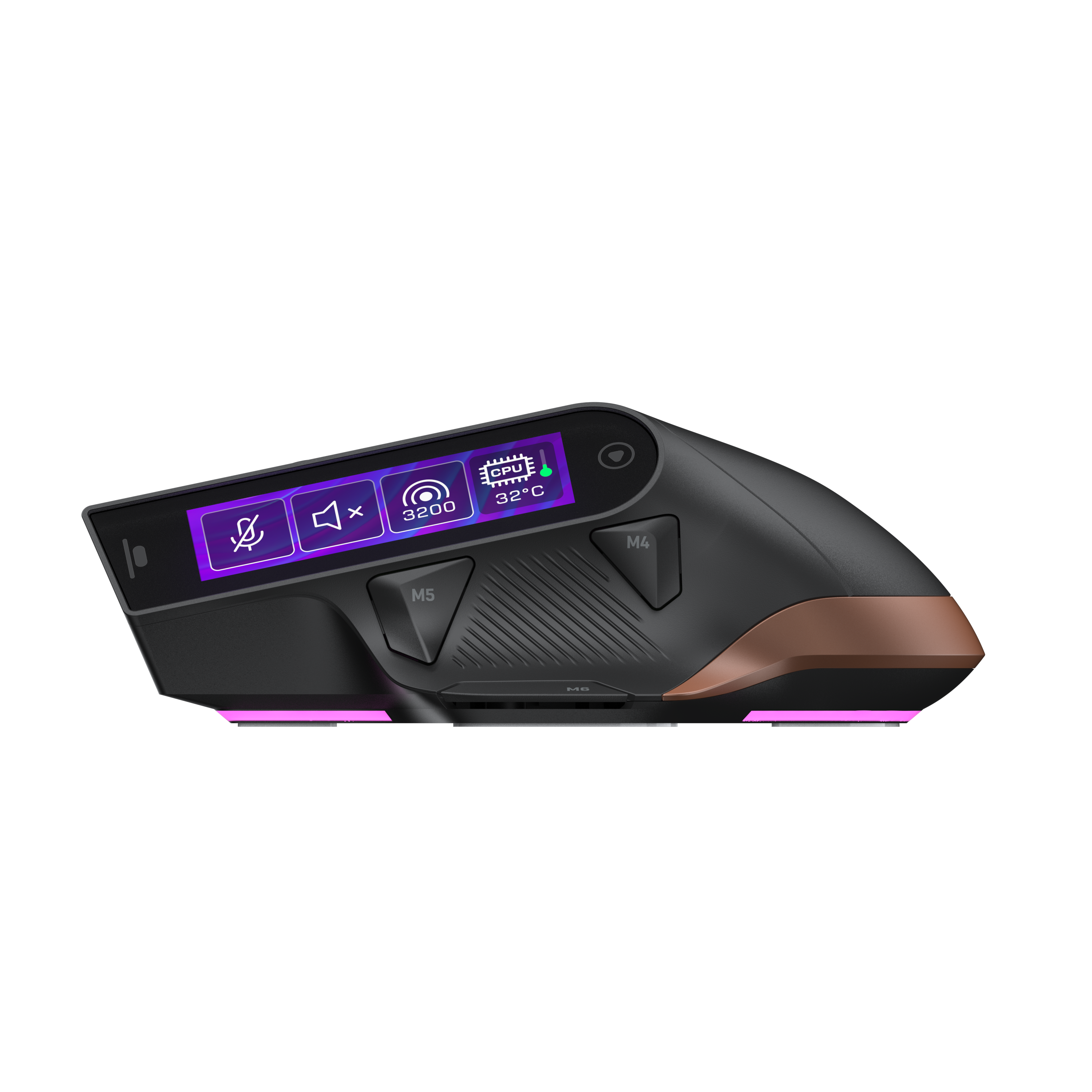 Eine schwarze Gaming-Maus mit OLED-Bildschirm, der Symbole und CPU-Temperatur anzeigt, sowie violett leuchtendem Licht.