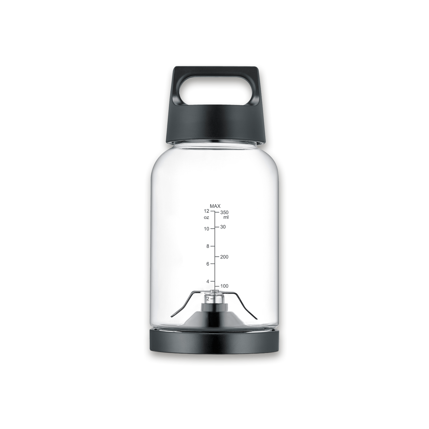 Transparenter Mixerbecher mit schwarzem Griff, Deckel und Basis sowie integrierter Messskala.