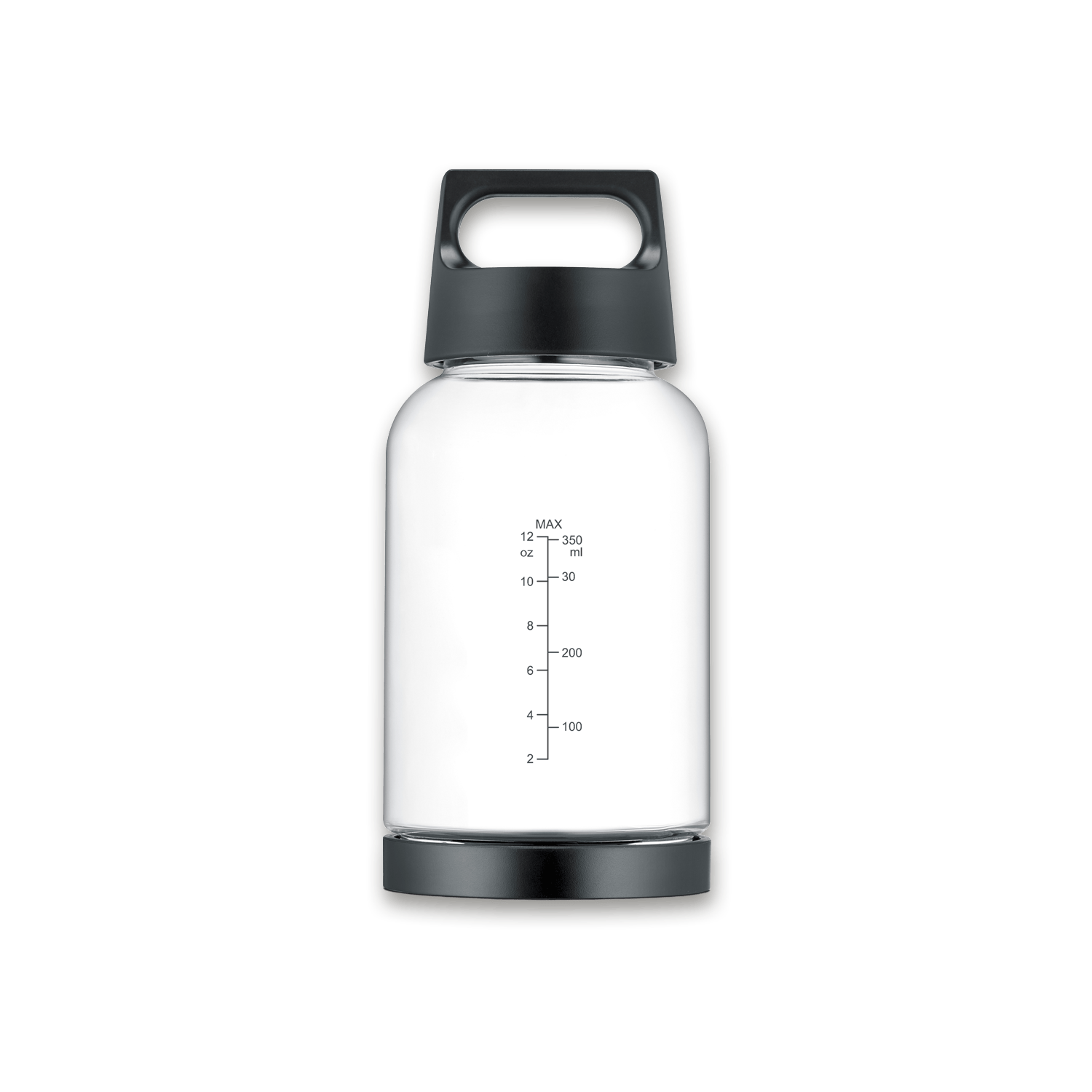 Eine klare Glasflasche mit schwarzen Kappen oben und unten sowie einer Messskala auf einem schwarzen Hintergrund.