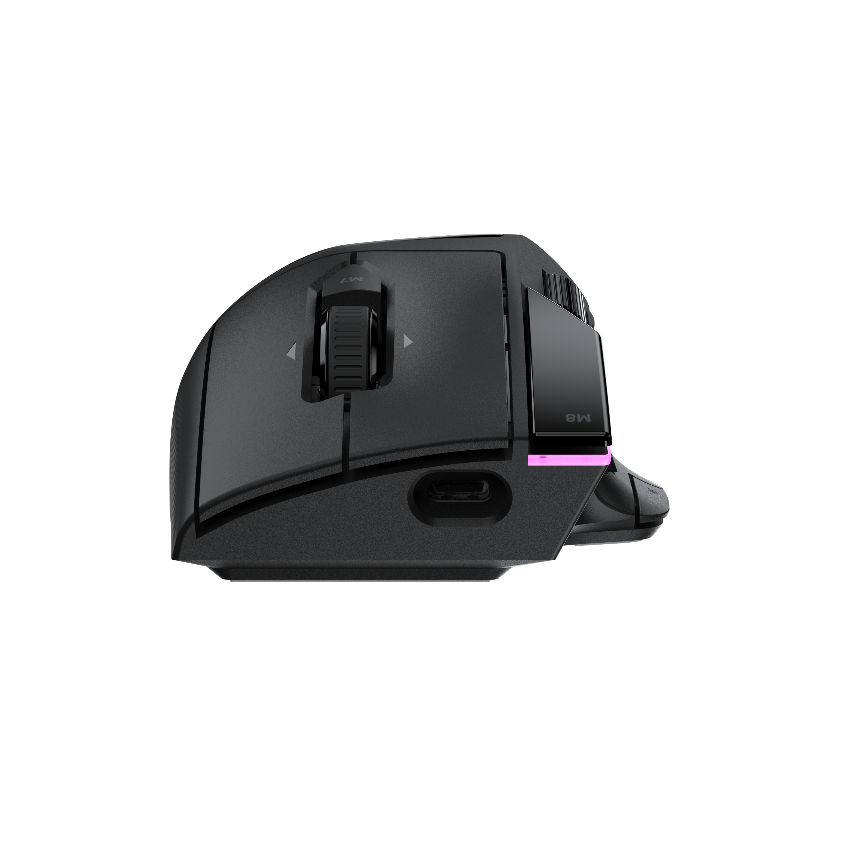 Eine schwarze Computermaus von der Seite gesehen mit Scrollrad, USB-Anschluss und rosa leuchtender LED-Leiste.