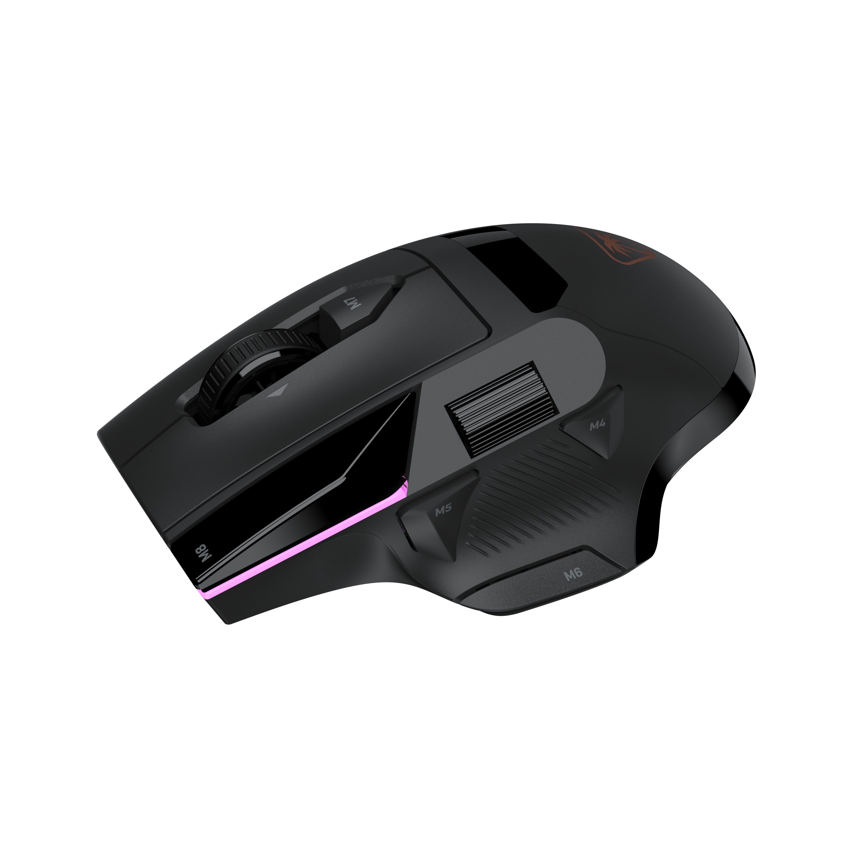 Eine schwarze Gaming-Maus mit mehreren Seitentasten, Scrollrad und lila LED-Akzent vor schwarzem Hintergrund.