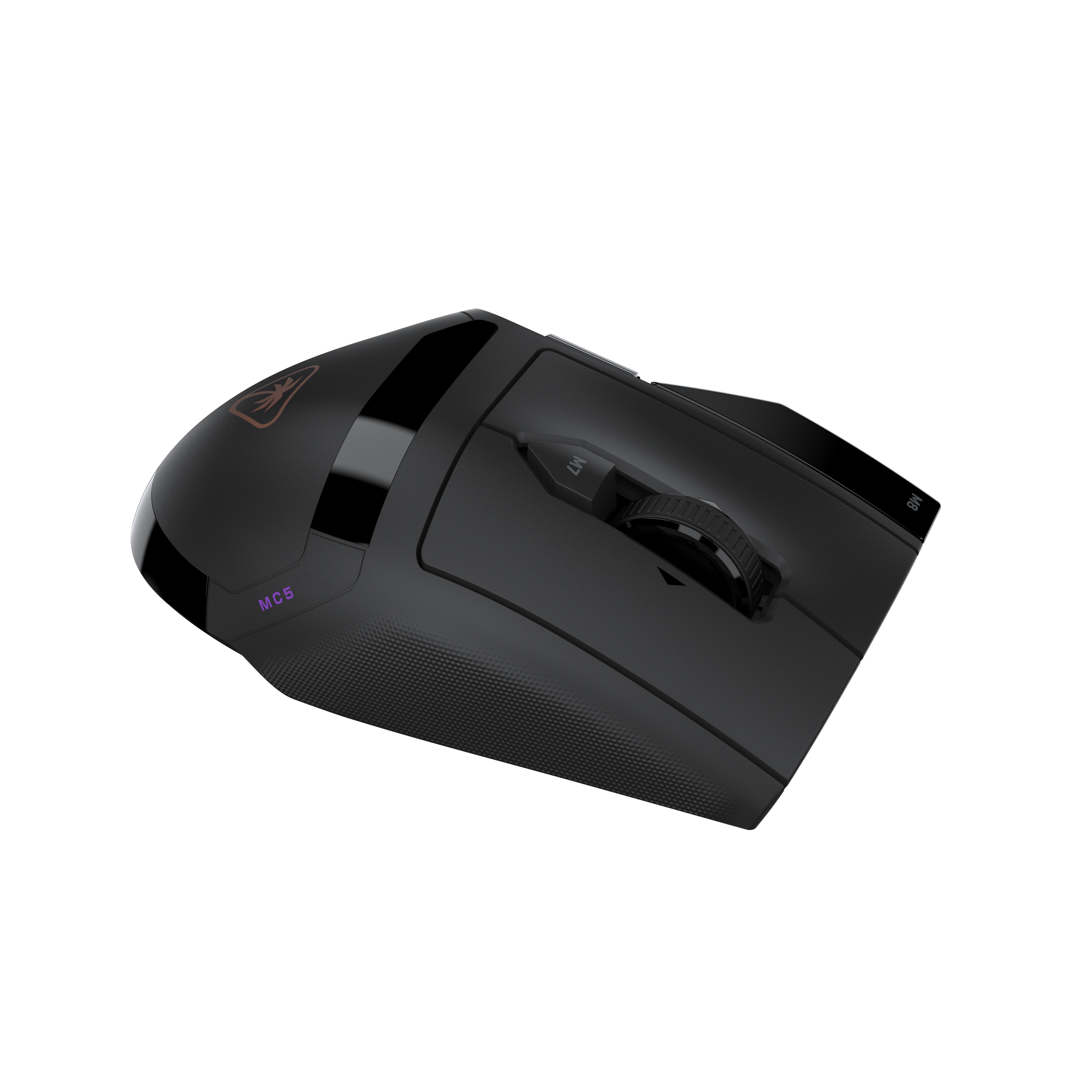 Schwarze Gaming-Maus mit RGB-Akzenten und Maustasten auf einem dunklen Hintergrund.