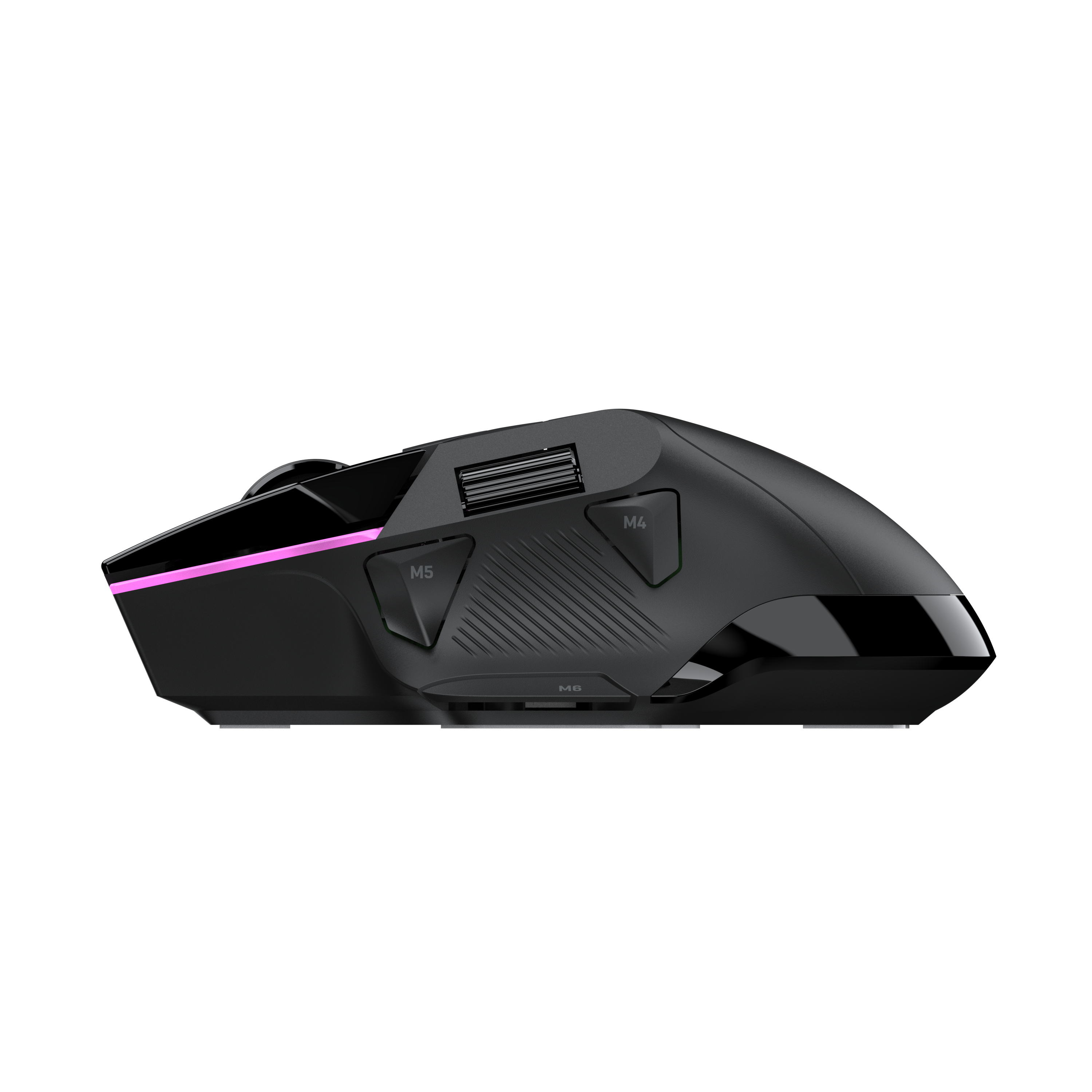 Eine schwarze Gaming-Maus mit M4- und M5-Tasten und rosa LED-Beleuchtung auf schwarzem Hintergrund.