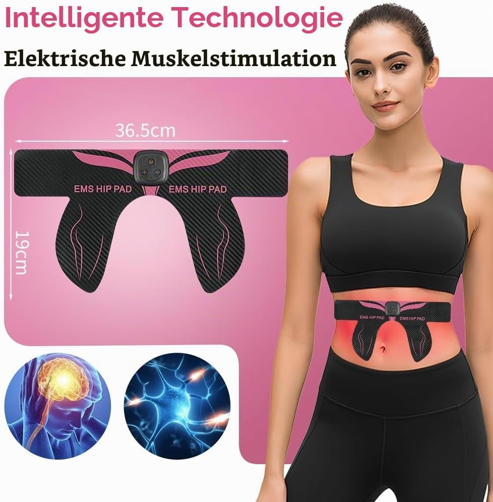 Frau in Sportkleidung trägt einen EMS-Hüftgurt, mit Maßangaben und medizinischen Illustrationen.