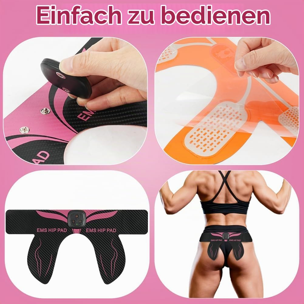 Vier Bilder zeigen die Anwendung und Details eines EMS-Hüftpolsters auf rosa Hintergrund.