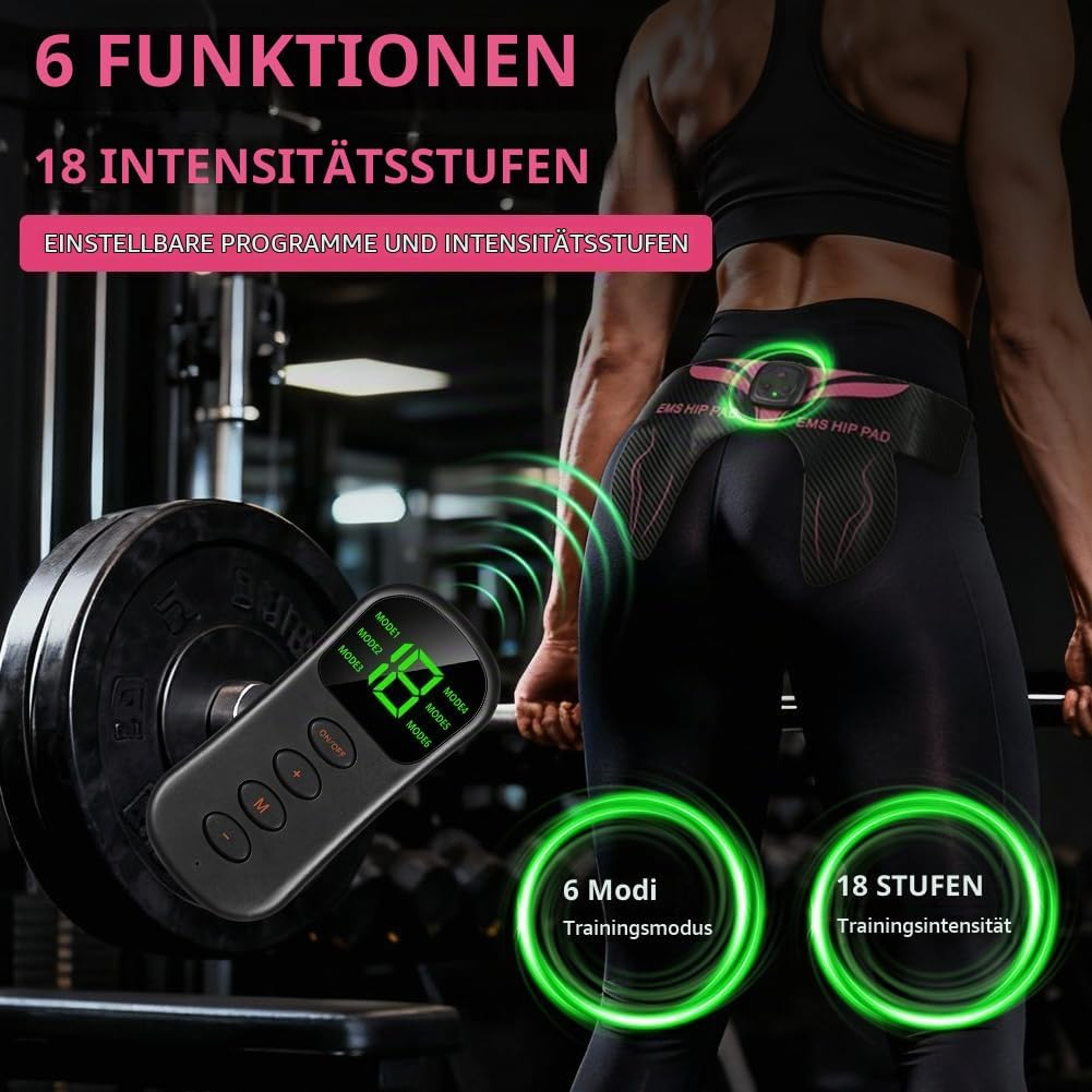 Fitnessfrau mit EMS-Hüftgurt und Fernbedienung im Fitnessstudio.