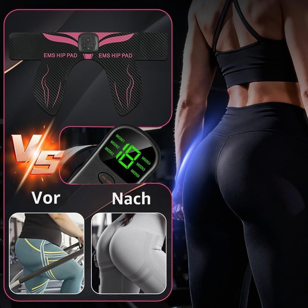 EMS-Hüftpolster mit digitalem Controller, Vorher-Nachher-Vergleich und Frau in Sportkleidung.