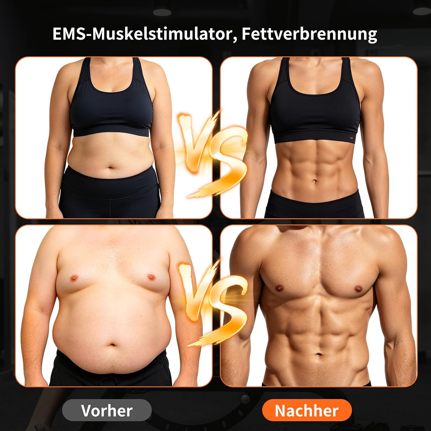 Vorher-Nachher-Vergleich von Körpern mit EMS-Muskelstimulator und Fettverbrennung.