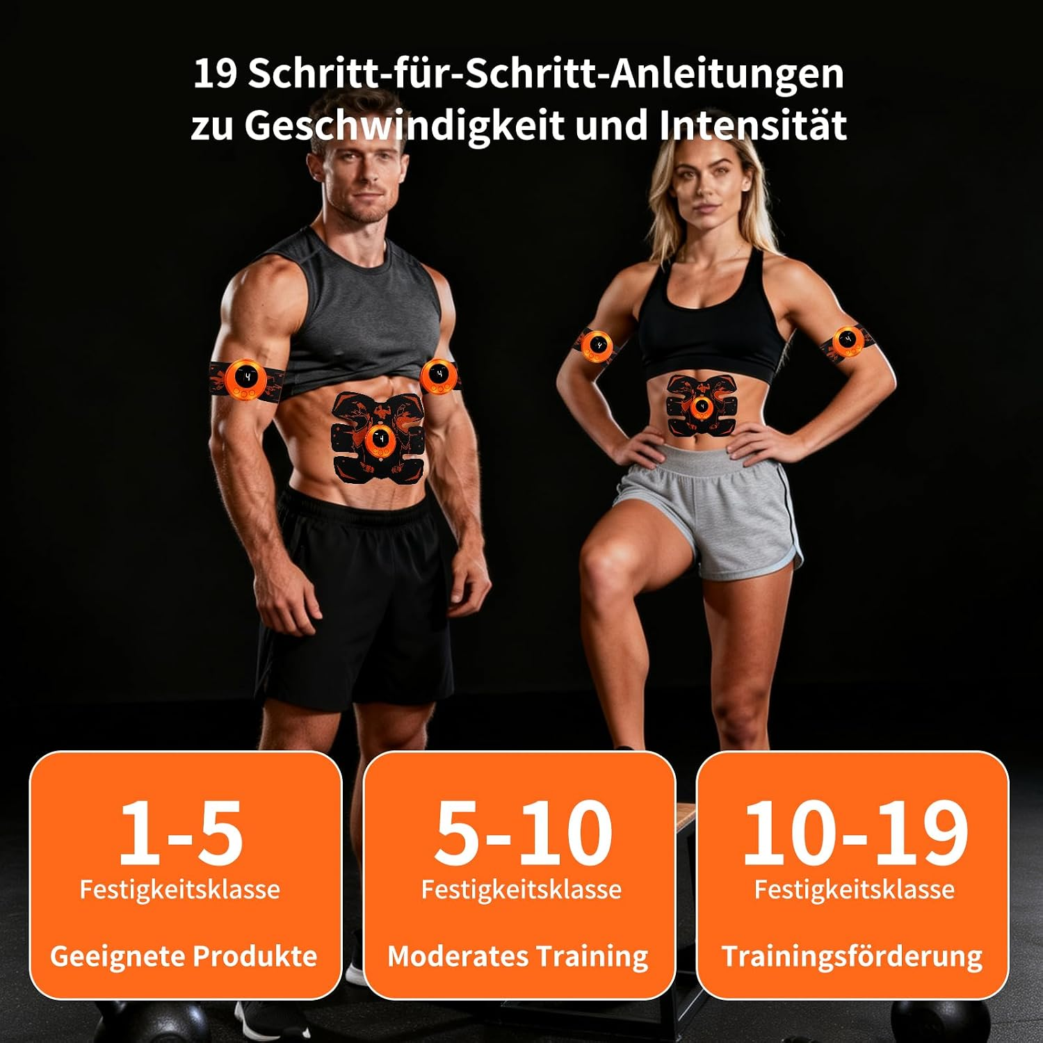 Ein Mann und eine Frau präsentieren EMS-Geräte an Armen und Bauch, darunter drei orangefarbene Infoboxen.