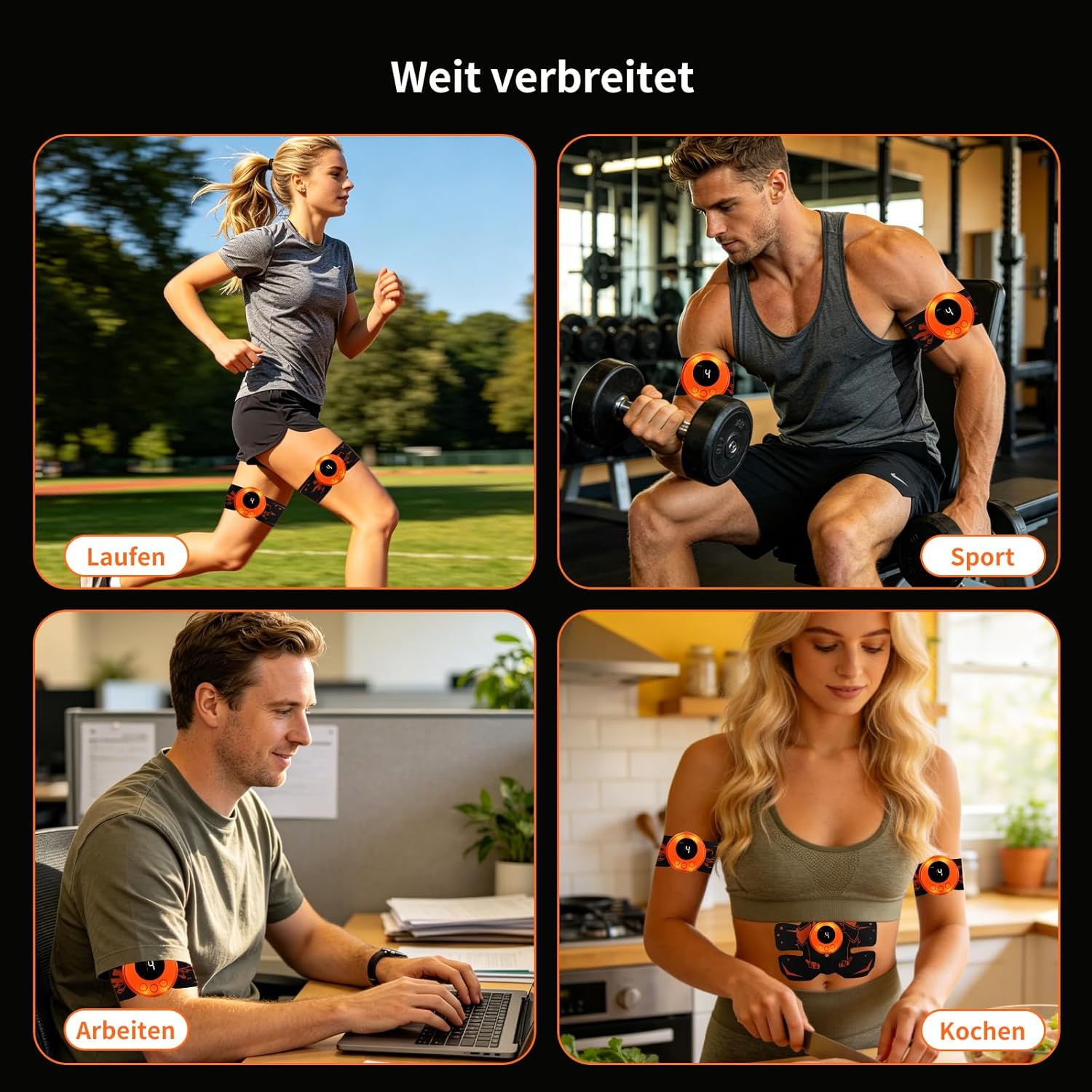 Vier Personen nutzen EMS-Gürtel und -Armbänder beim Laufen, Krafttraining, Arbeiten und Kochen.