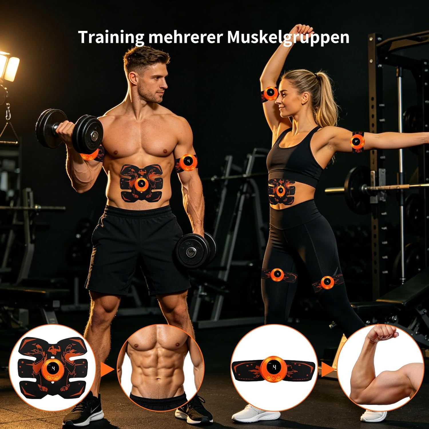 Ein Mann und eine Frau trainieren im Fitnessstudio mit EMS-Geräten und Hanteln, um Muskelgruppen zu stärken.