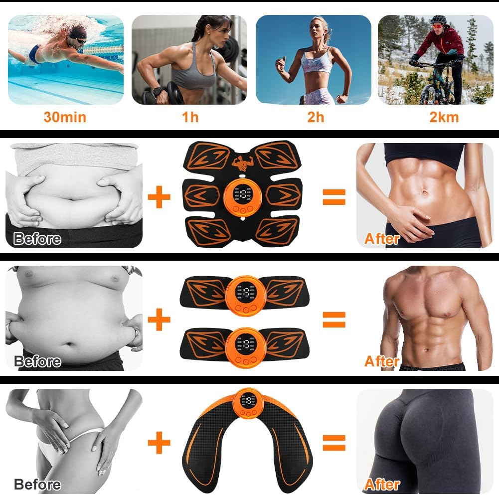 Fitness-Werbung mit Vorher-Nachher-Vergleichen für EMS-Muskelstimulatoren zur Gewichtsabnahme.