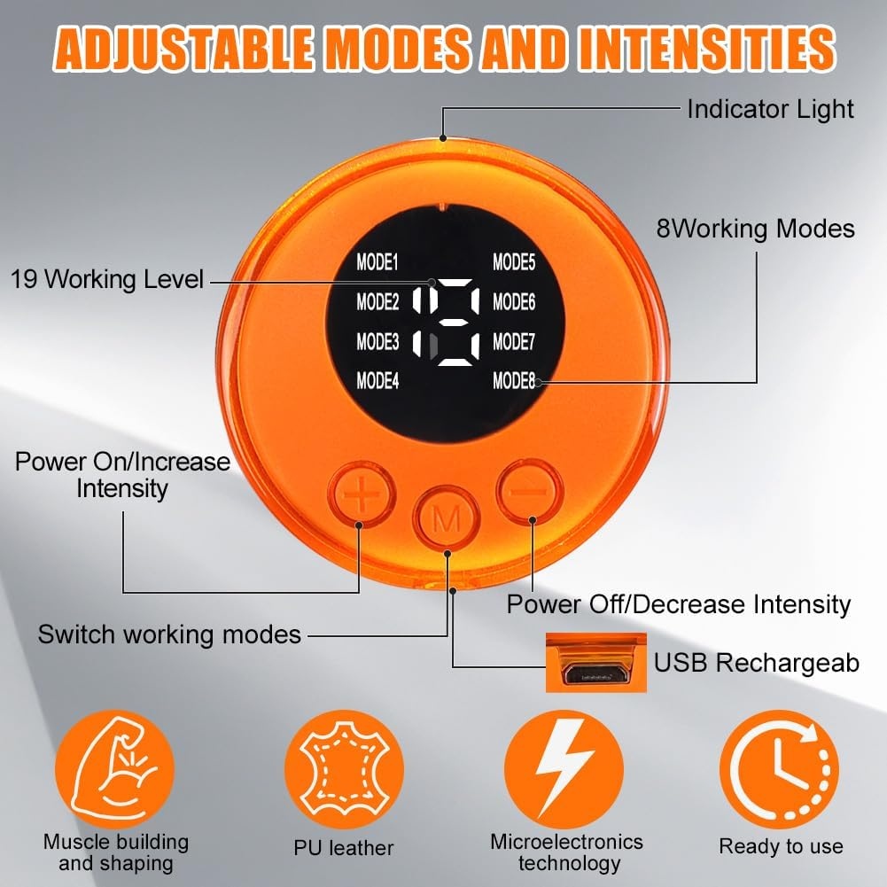 Diagramm eines orangefarbenen Geräts mit 8 Modi, 19 Stufen, USB-Anschluss und Steuerknöpfen.