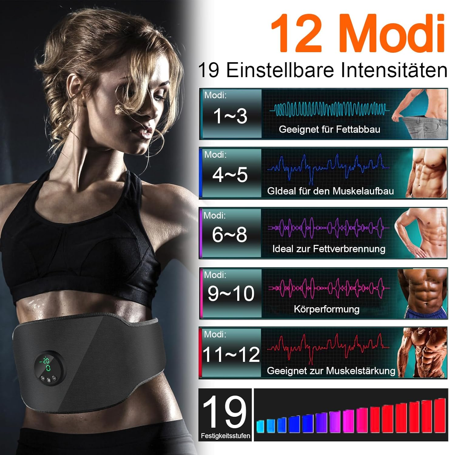 Eine Frau trägt einen Fitnessgürtel mit 12 Modi und 19 Intensitätsstufen für Muskelaufbau und Fettabbau.