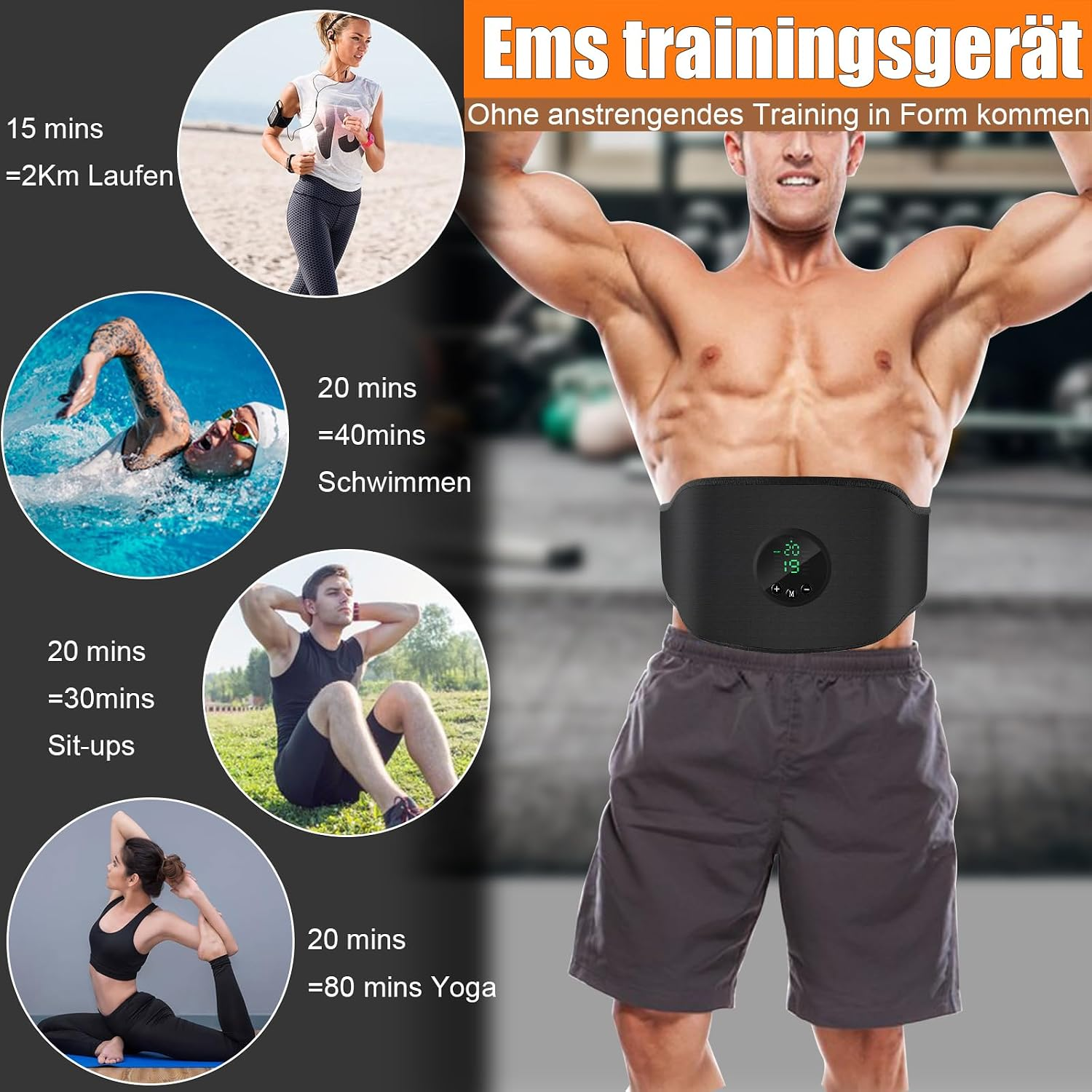Ein Mann mit EMS-Gürtel zeigt Trainingsvergleiche wie Laufen, Schwimmen, Sit-ups und Yoga.