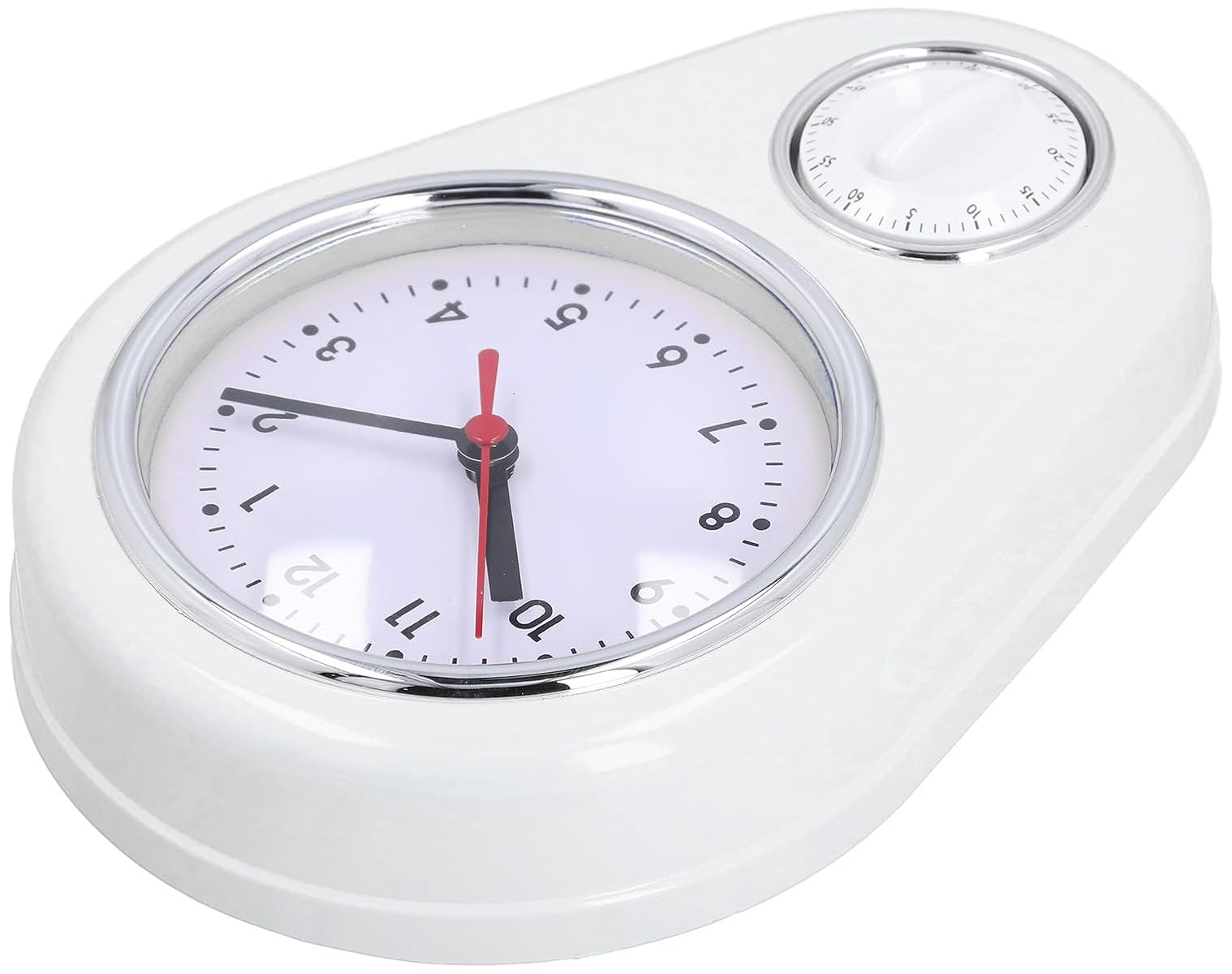 Eine weiße analoge Wanduhr mit Timer oben, schwarzen Ziffern und rotem Sekundenzeiger.
