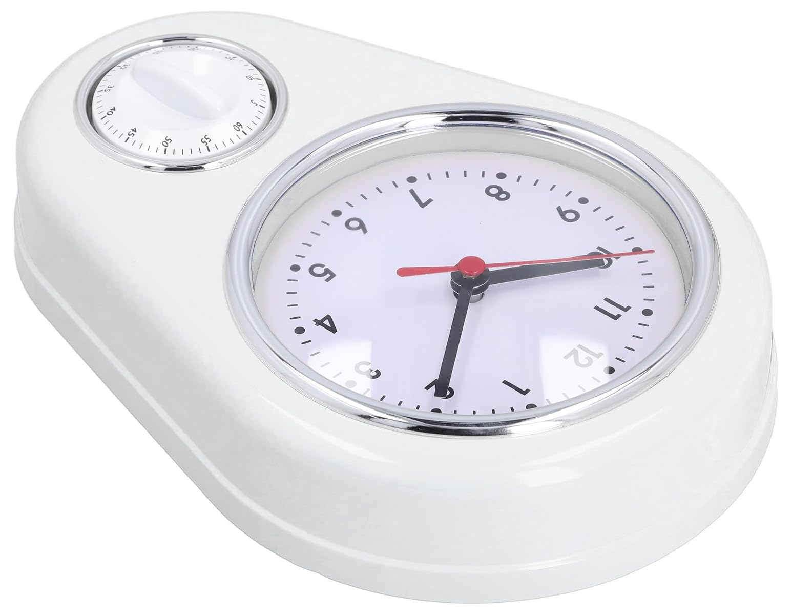 Eine weiße Retro-Wanduhr mit integriertem Timer und silberner Umrandung auf weißem Hintergrund.