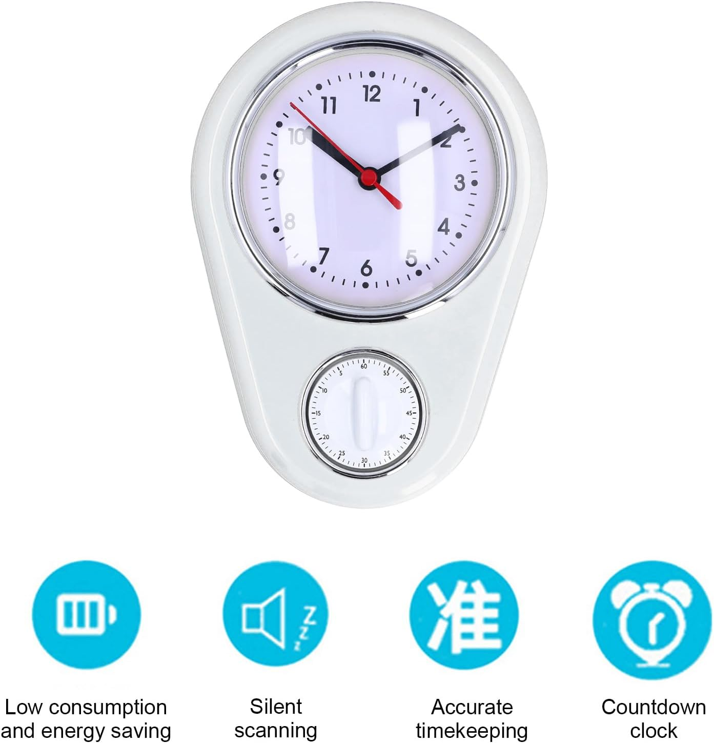 Weisse Wanduhr mit Timer unten und vier blauen Funktionssymbolen.