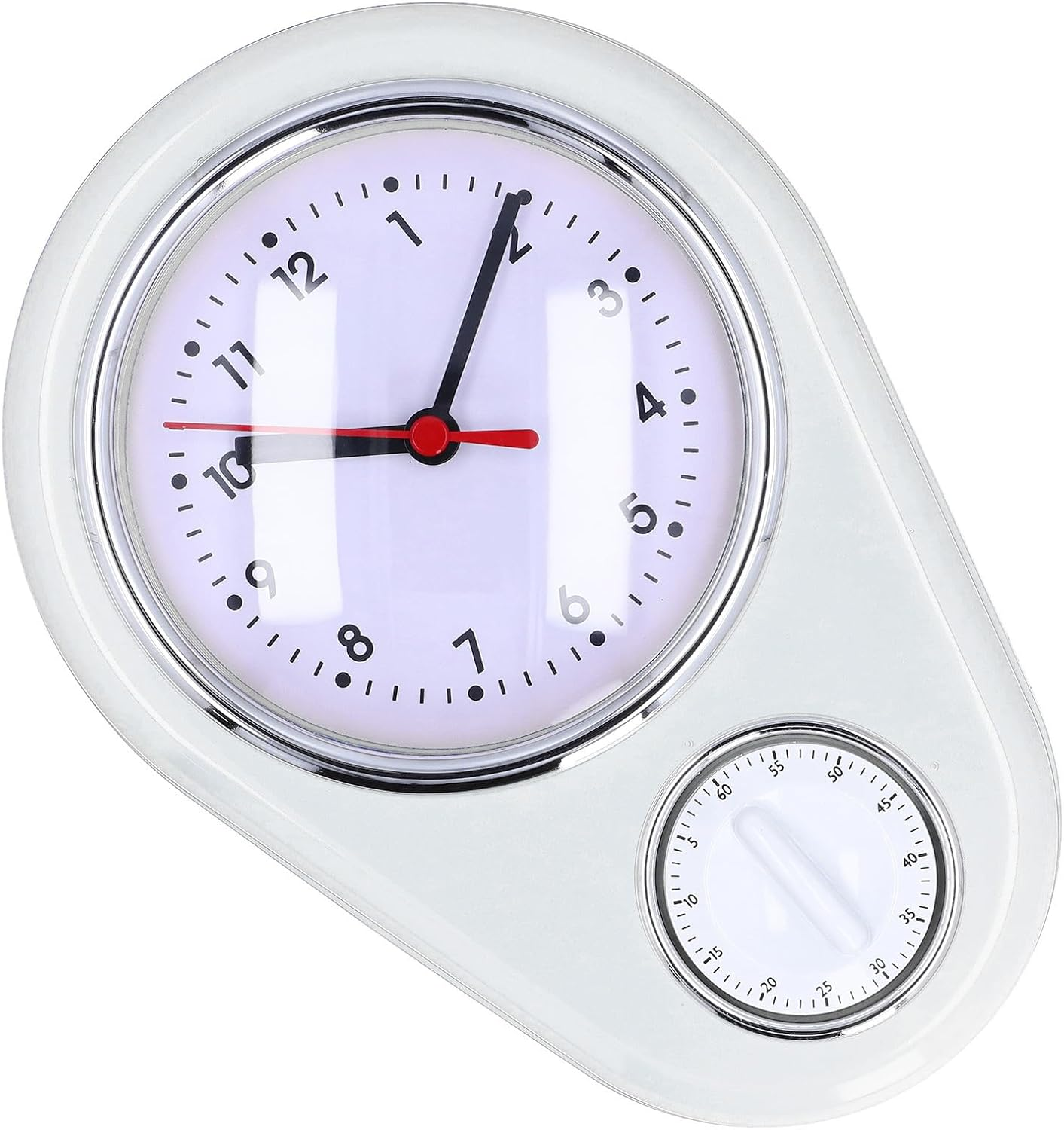 Weiße Wanduhr mit runden Zifferblatt, schwarzen Zeigern und integriertem mechanischen Timer unten rechts.