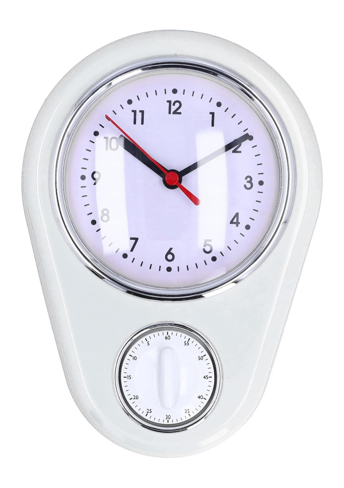 Eine weiße Wanduhr mit rundem Zifferblatt, schwarzen Zahlen, rotem Sekundenzeiger und integriertem Timer unten.