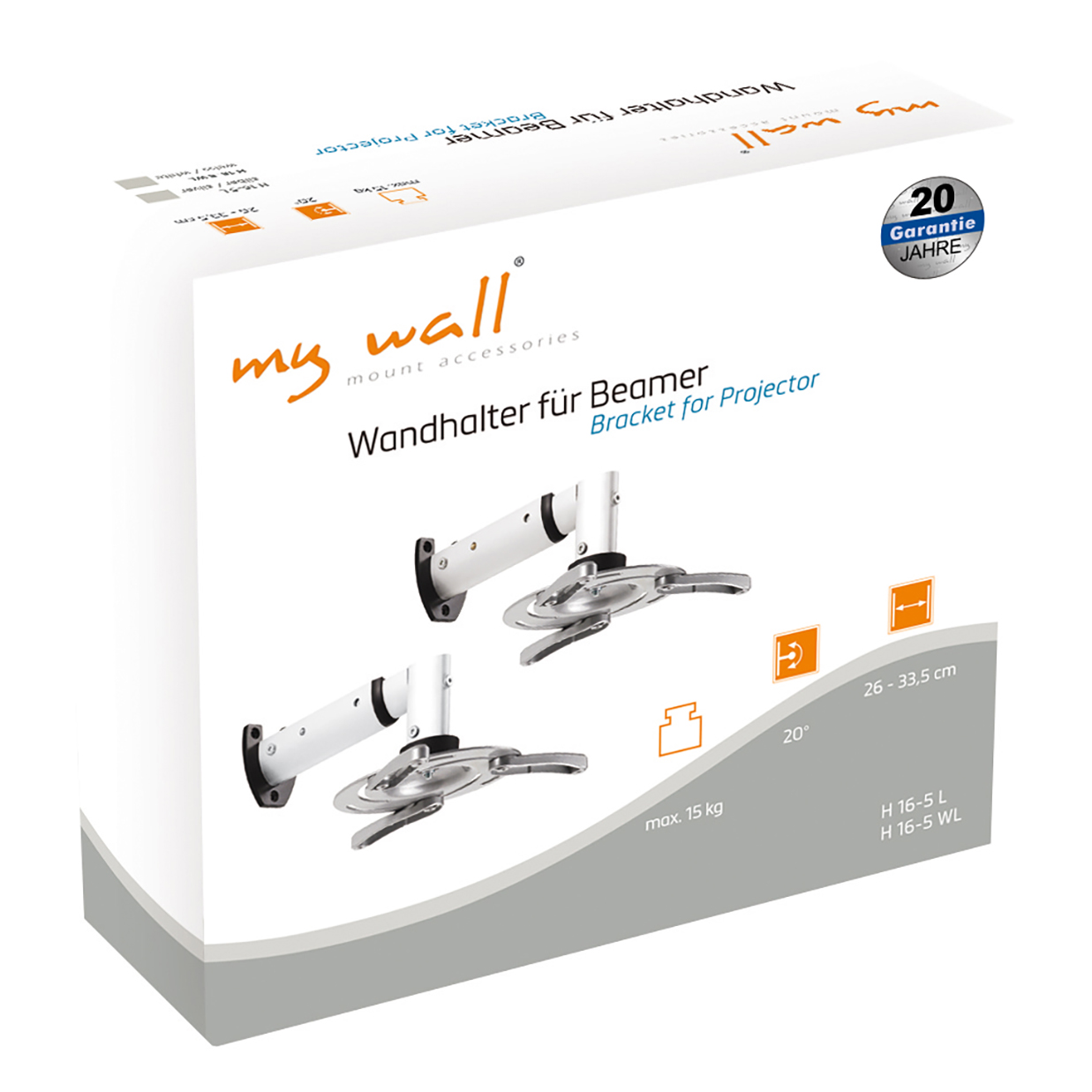 Weisse Produktbox fuer eine My Wall Beamer-Wandhalterung mit Abbildungen der Halterung.
