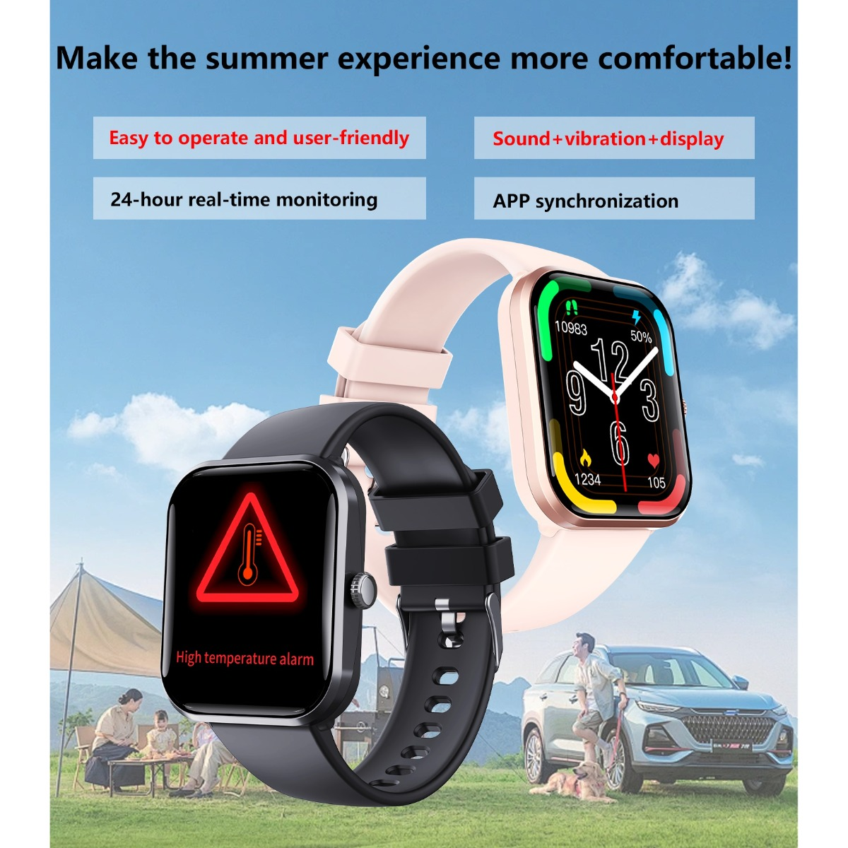 Zwei Smartwatches vor einem Hintergrund im Freien mit Funktionen wie Temperaturüberwachung.