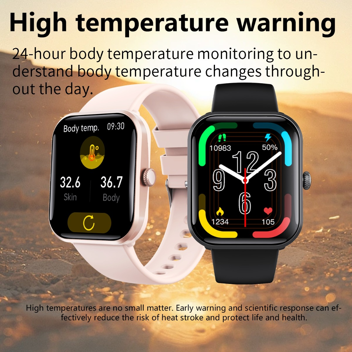 Zwei Smartwatches zeigen Körpertemperaturmessungen und Fitnessdaten vor einem sonnigen Hintergrund.
