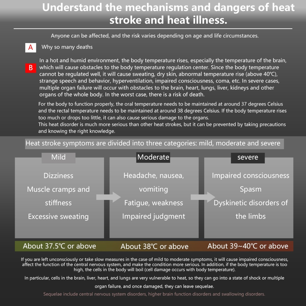 Eine Infografik zu Hitzschlag-Mechanismen, Gefahren und Symptomen in leicht, mittel und schwer.