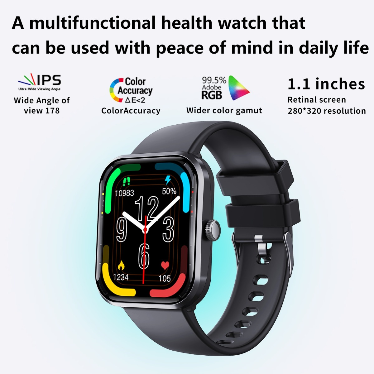 Eine schwarze Smartwatch mit Text und Symbolen, die ihre Funktionen wie Bildschirmgröße und Farbgenauigkeit beschreiben.