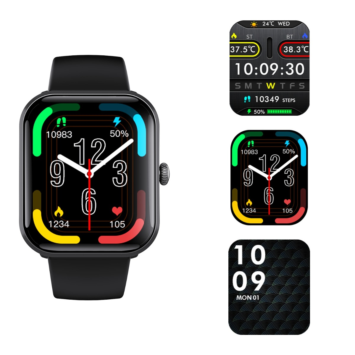 Eine schwarze Smartwatch mit bunten UI-Optionen und einem schwarzen Armband.