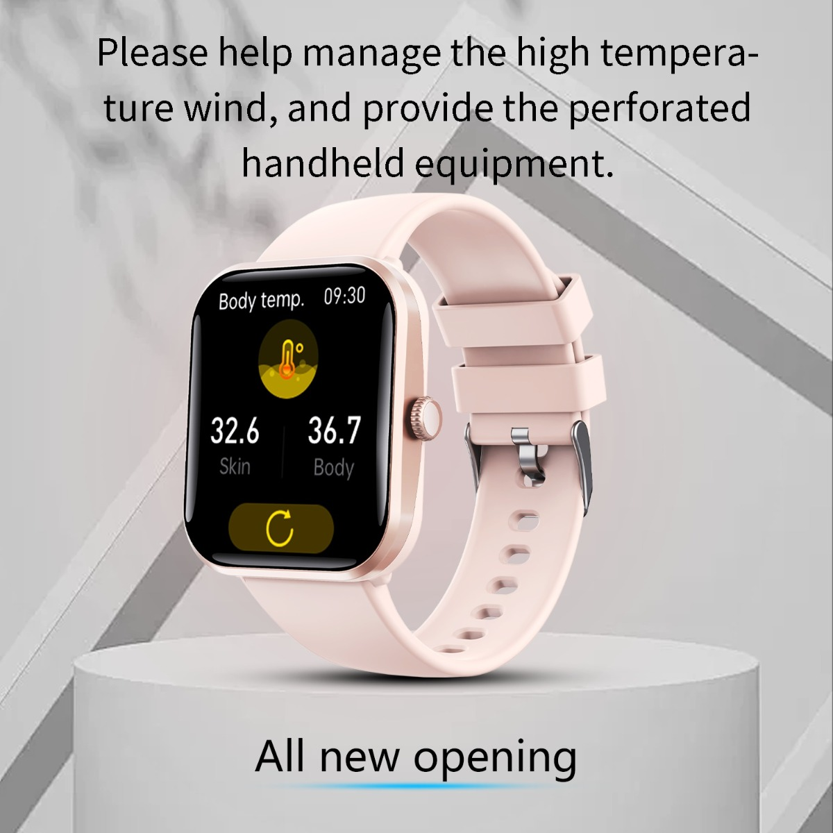 Eine rosa Smartwatch auf einem weißen Ständer zeigt Körpertemperaturdaten auf dem Bildschirm.