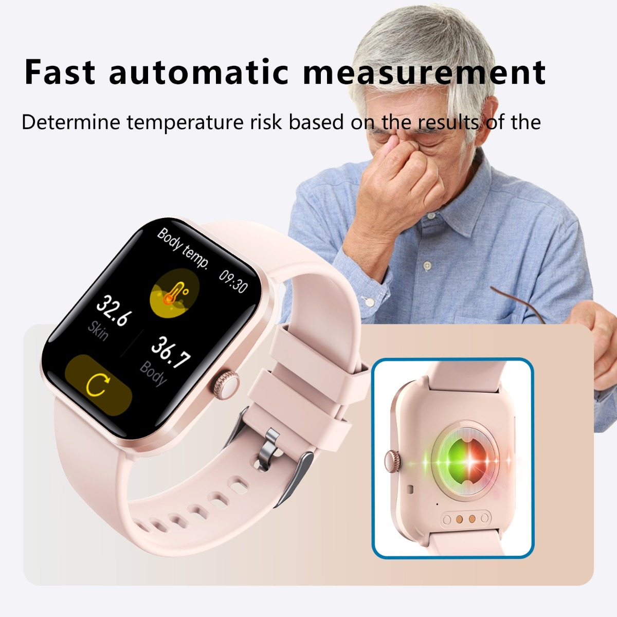 Eine rosa Smartwatch zeigt die Körpertemperatur an, während ein älterer Mann müde im Hintergrund sitzt.