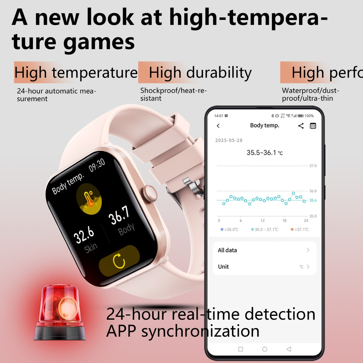 Rosa Smartwatch und Smartphone zeigen Körpertemperaturdaten und App-Synchronisation an.