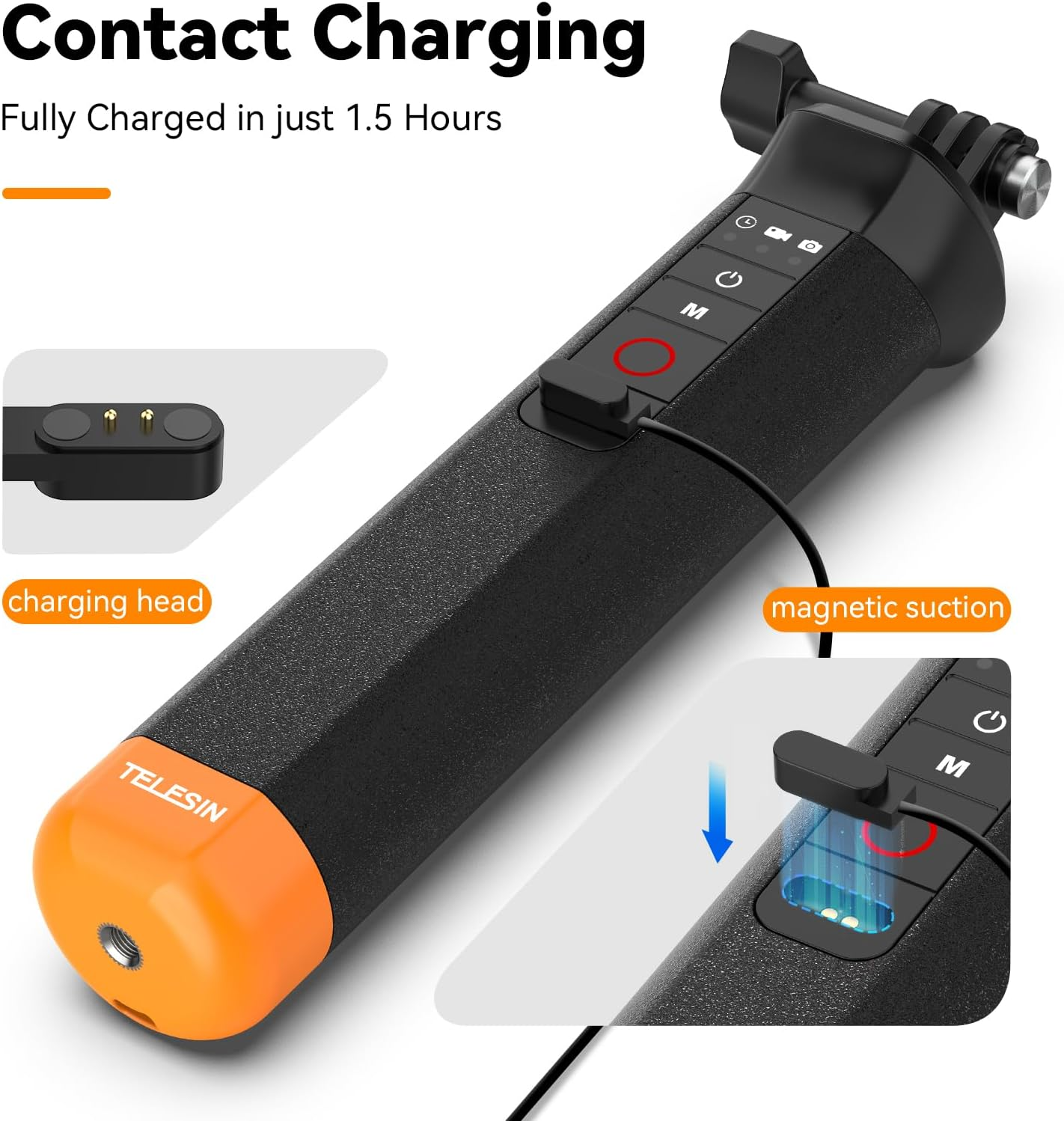 Schwarzer Telesin Selfie-Stick mit orangem Ende und magnetischem Ladeanschluss.