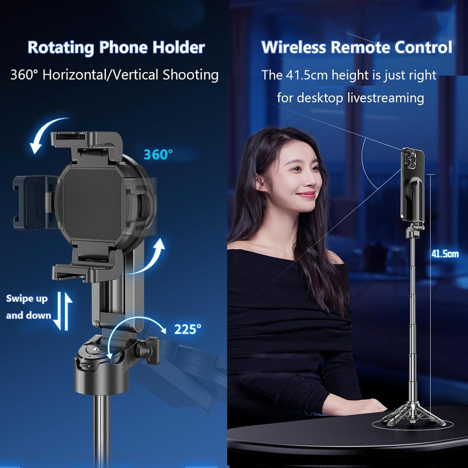 Eine Frau sitzt neben einem Selfie-Stick mit rotierender Smartphone-Halterung.