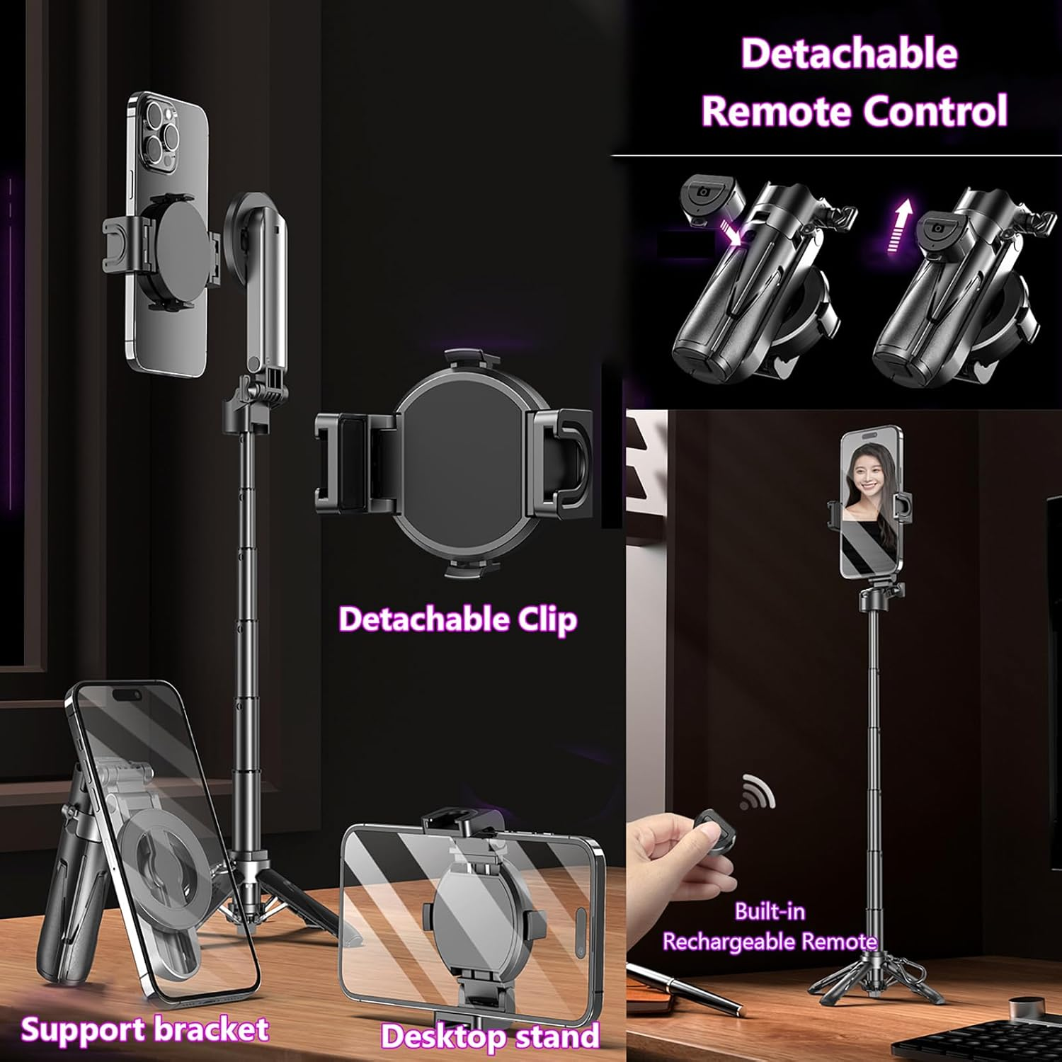 Multifunktionales Selfie-Stick-Stativ mit abnehmbarem Clip, Tischständer und eingebauter, wiederaufladbarer Fernbedienung.