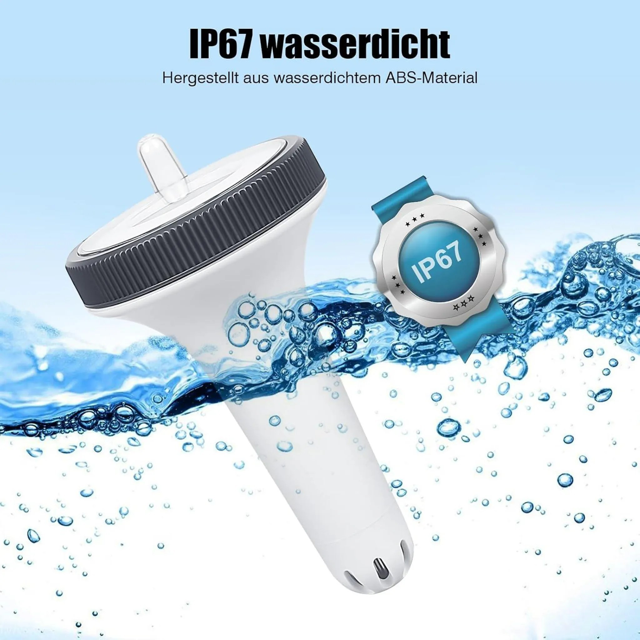 Ein weißes, wasserdichtes Gerät taucht in Wasser mit IP67-Zertifizierungssiegel.