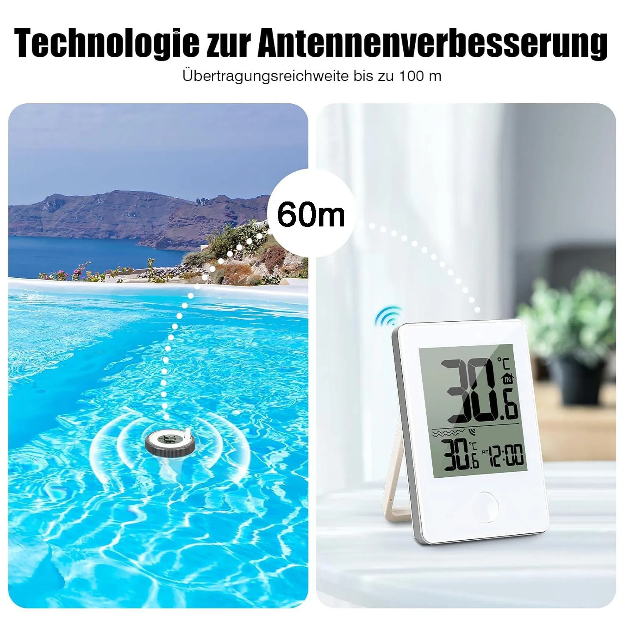 Ein Poolthermometer schwimmt im Wasser und sendet Signale an ein digitales Innendisplay.