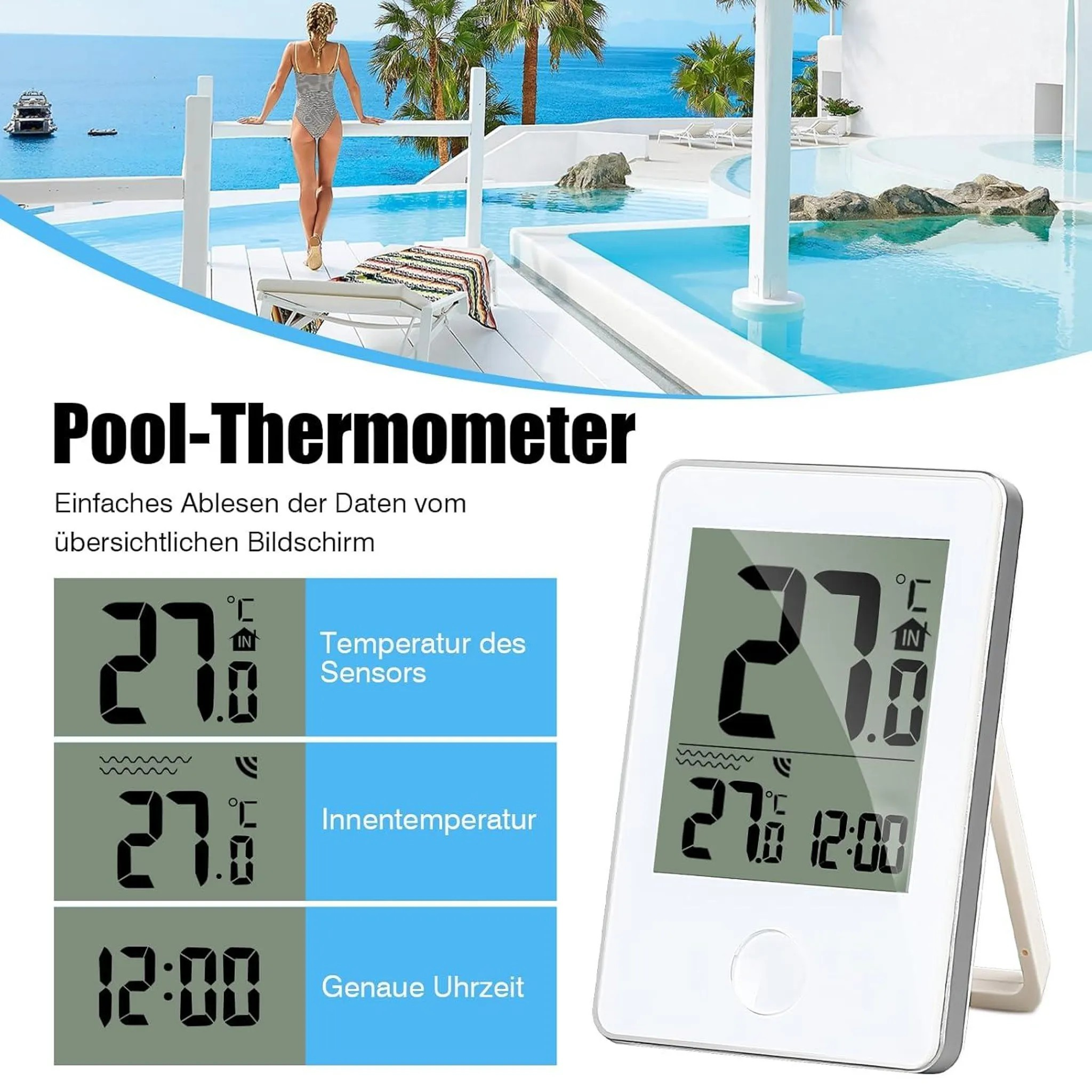 Werbung für ein Pool-Thermometer vor einer malerischen Pool- und Meerlandschaft.