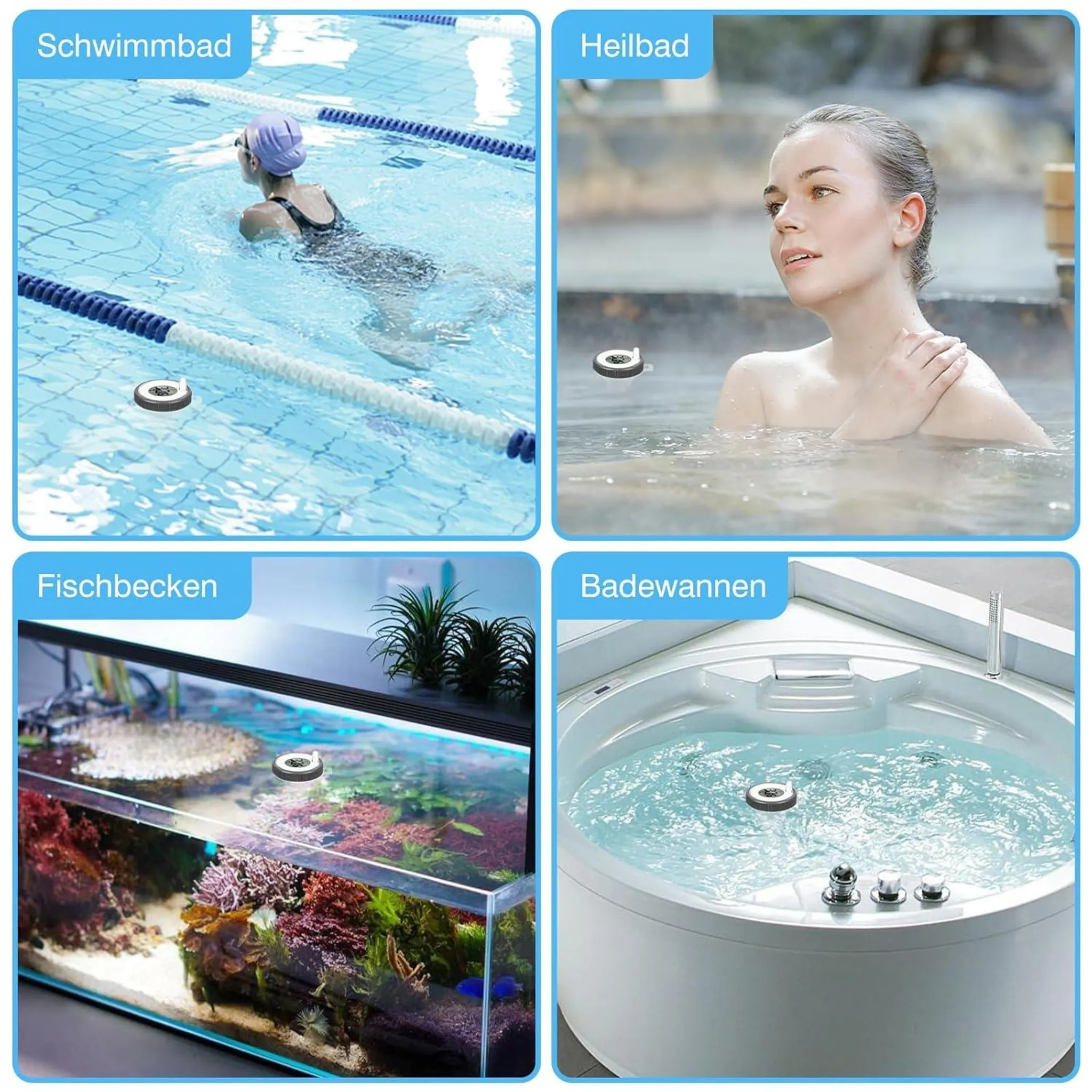 Vier Bilder mit einem Thermometer in Schwimmbad, Heilbad, Aquarium und Badewanne.