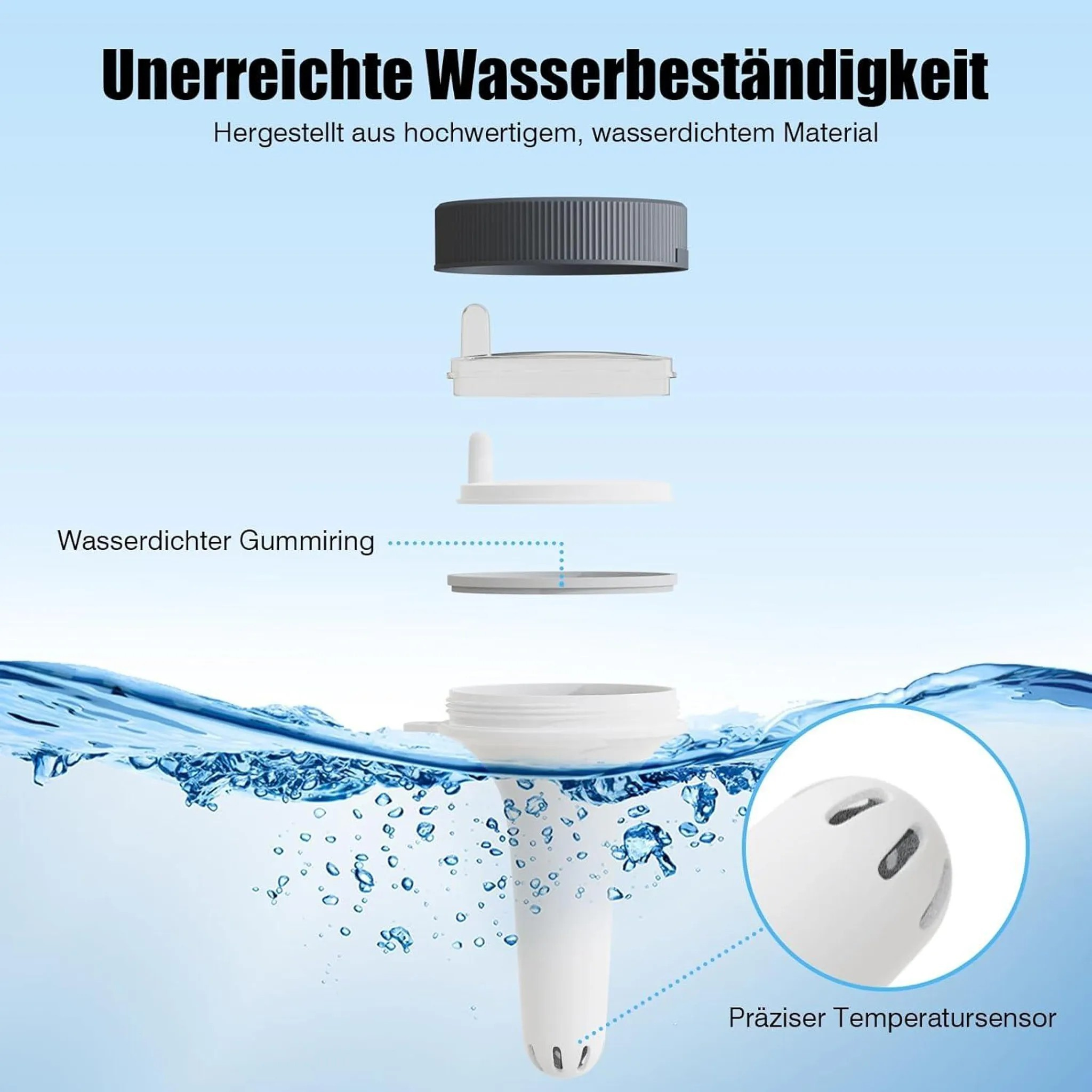 Diagramm zeigt die wasserdichten Komponenten und den Temperatursensor eines Geräts im Wasser.
