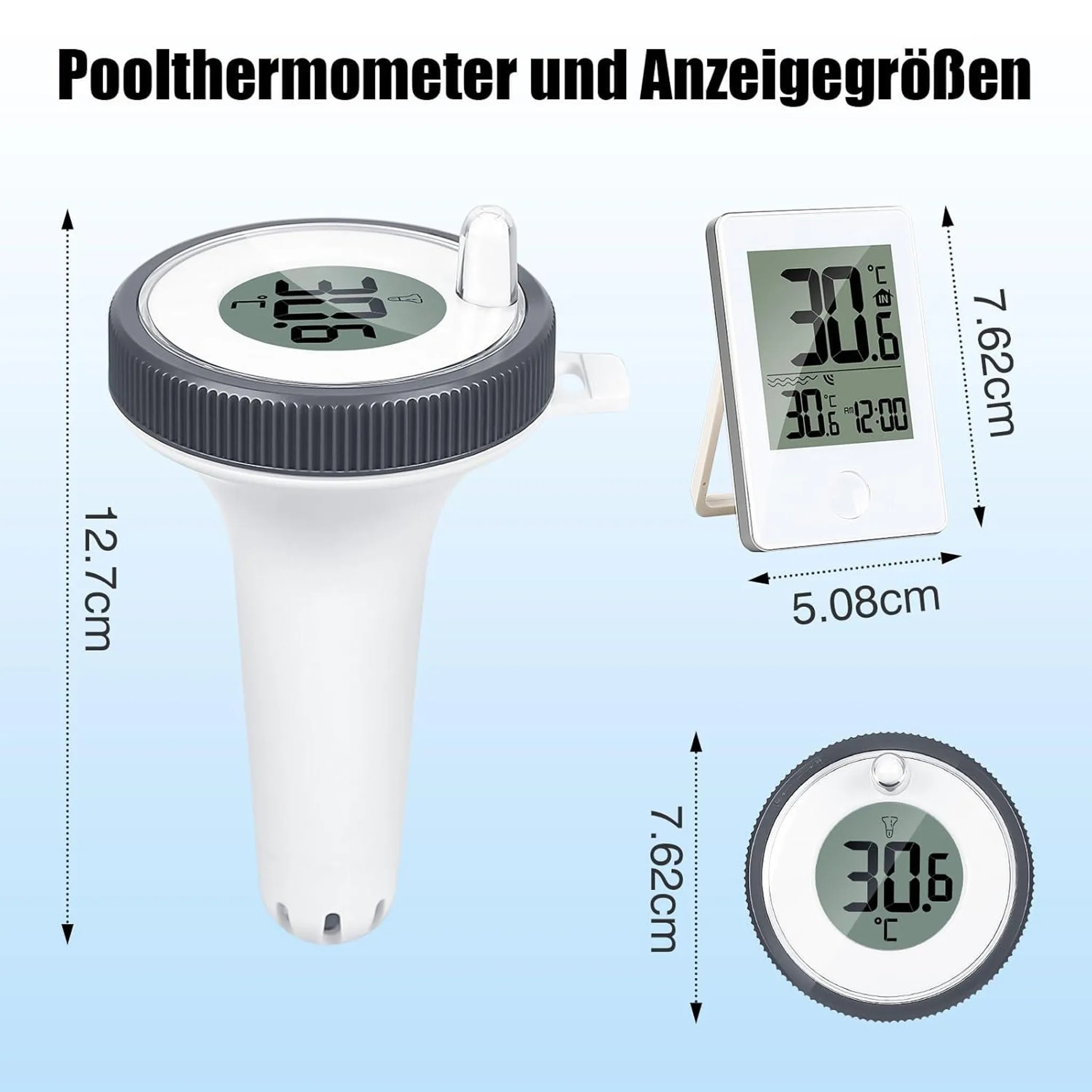 Diagramm zeigt Poolthermometer mit Maßen von 12.7cm, 7.62cm und einem Innenempfänger.