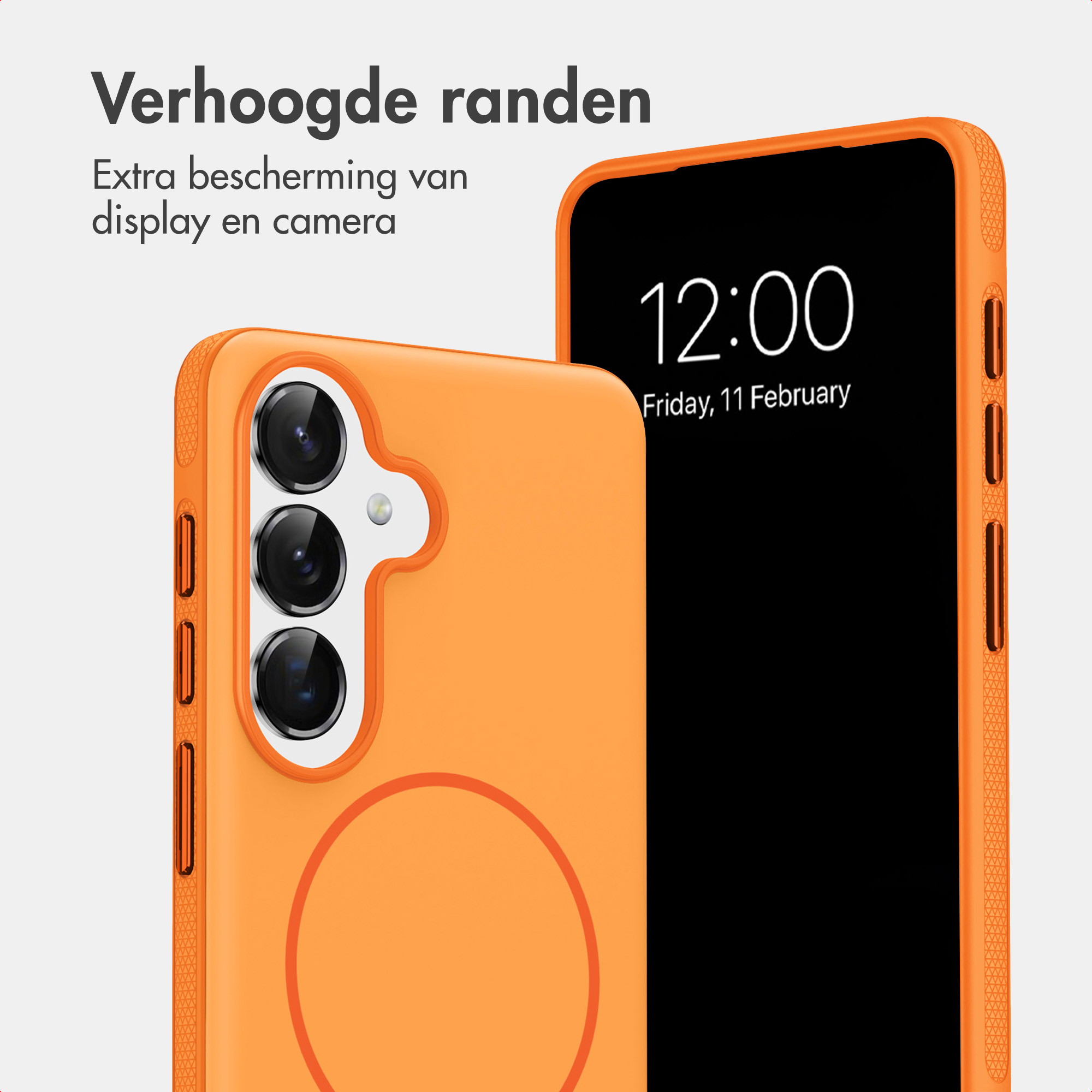Zwei orangefarbene Schutzhüllen für Smartphones mit erhöhten Rändern für Display- und Kameraschutz.