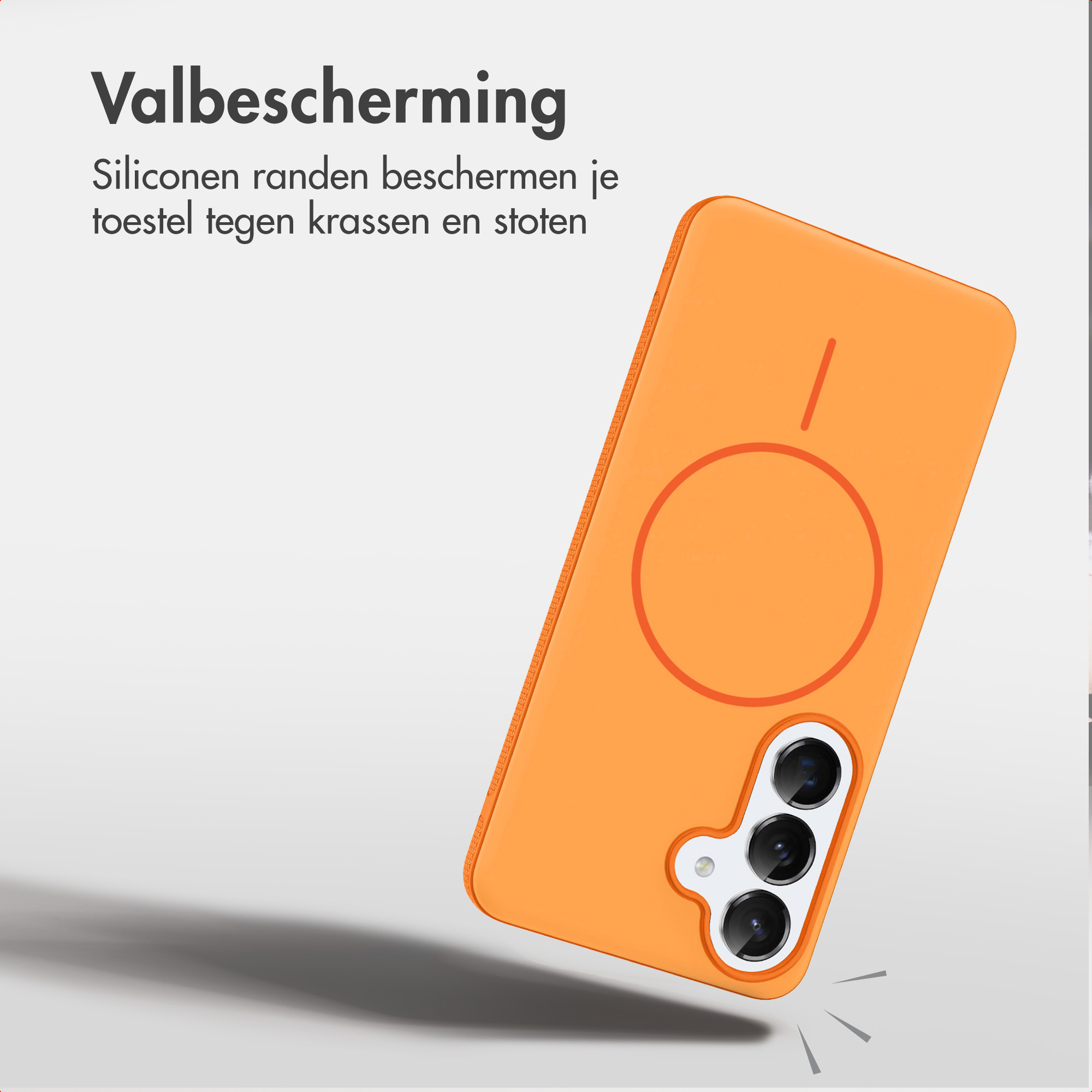 Eine orangefarbene Silikon-Handyhülle auf einem Smartphone, mit Text zum Fallschutz vor hellem Hintergrund.