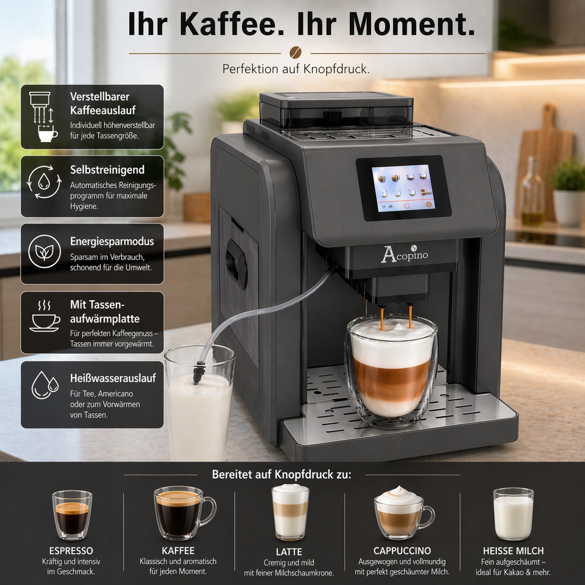 Moderne schwarze Kaffeemaschine auf einer Küchenarbeitsplatte, die Kaffee in ein Glas gießt, umgeben von Produktmerkmalen.