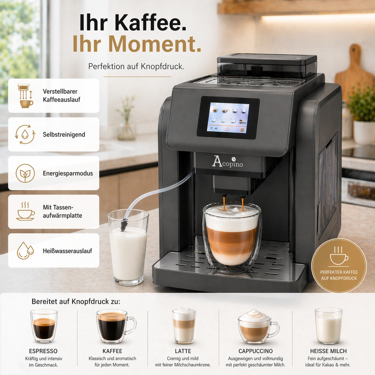 Moderne Acopino Kaffeemaschine bereitet Kaffee zu, mit Infografiken und verschiedenen Kaffeespezialitäten.