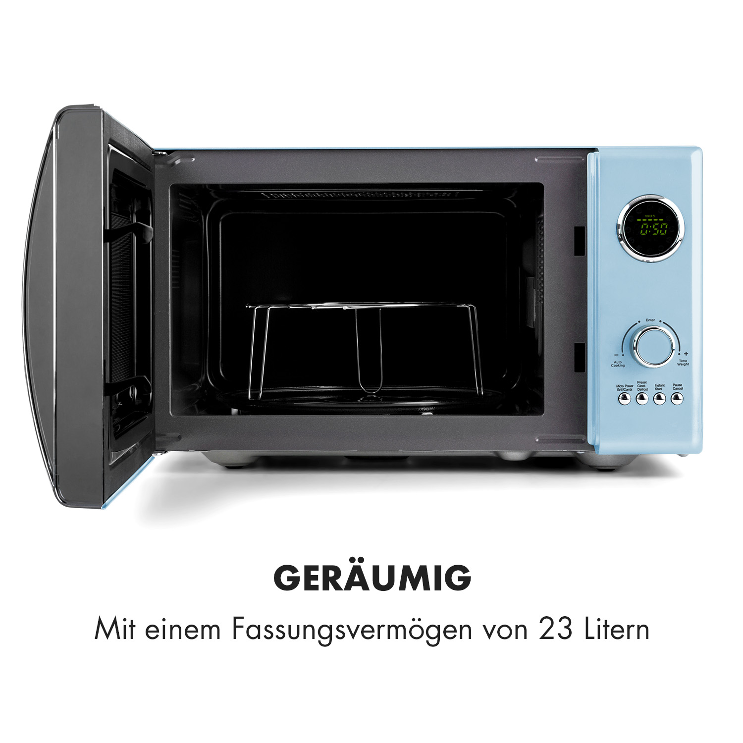 Eine hellblaue Mikrowelle mit geöffneter Tür, die den Innenraum und ein Grillgitter zeigt, mit deutschem Text.