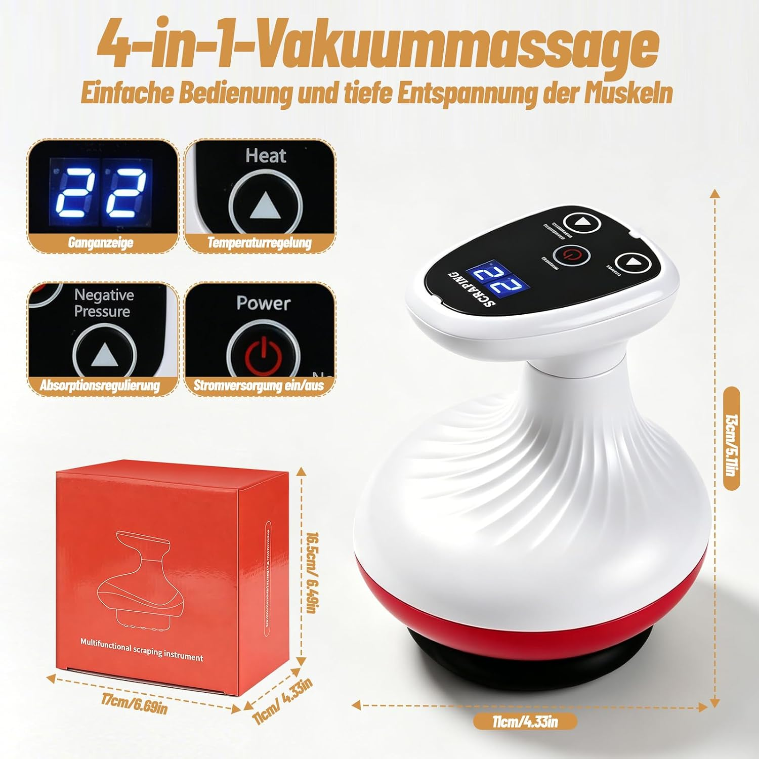 Ein weiß-rotes Vakuum-Massagegerät mit digitaler Anzeige, roten Box und Funktionsdetails.