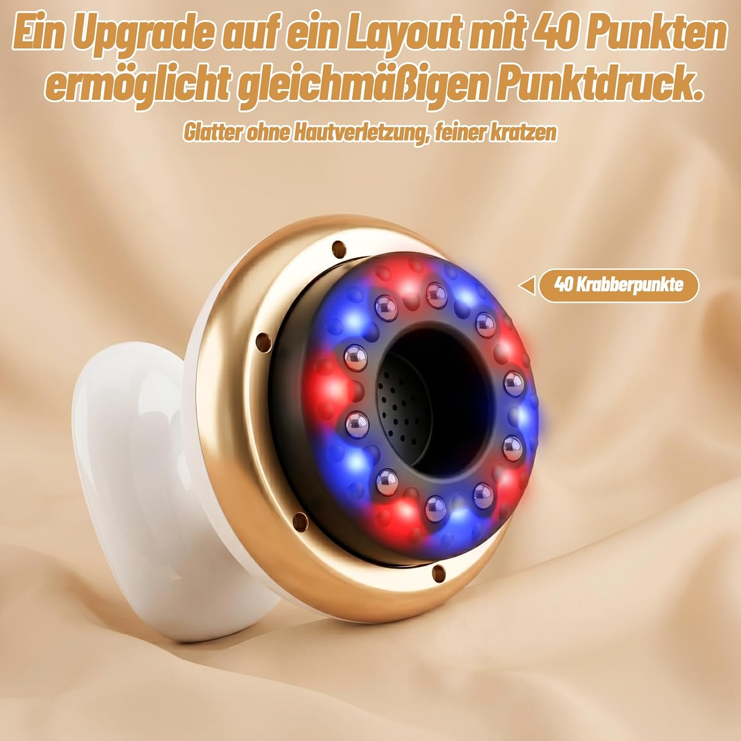 Ein golden-weißer Apparat mit rotem und blauem Licht sowie kleinen Metallkugeln vor beigem Hintergrund.