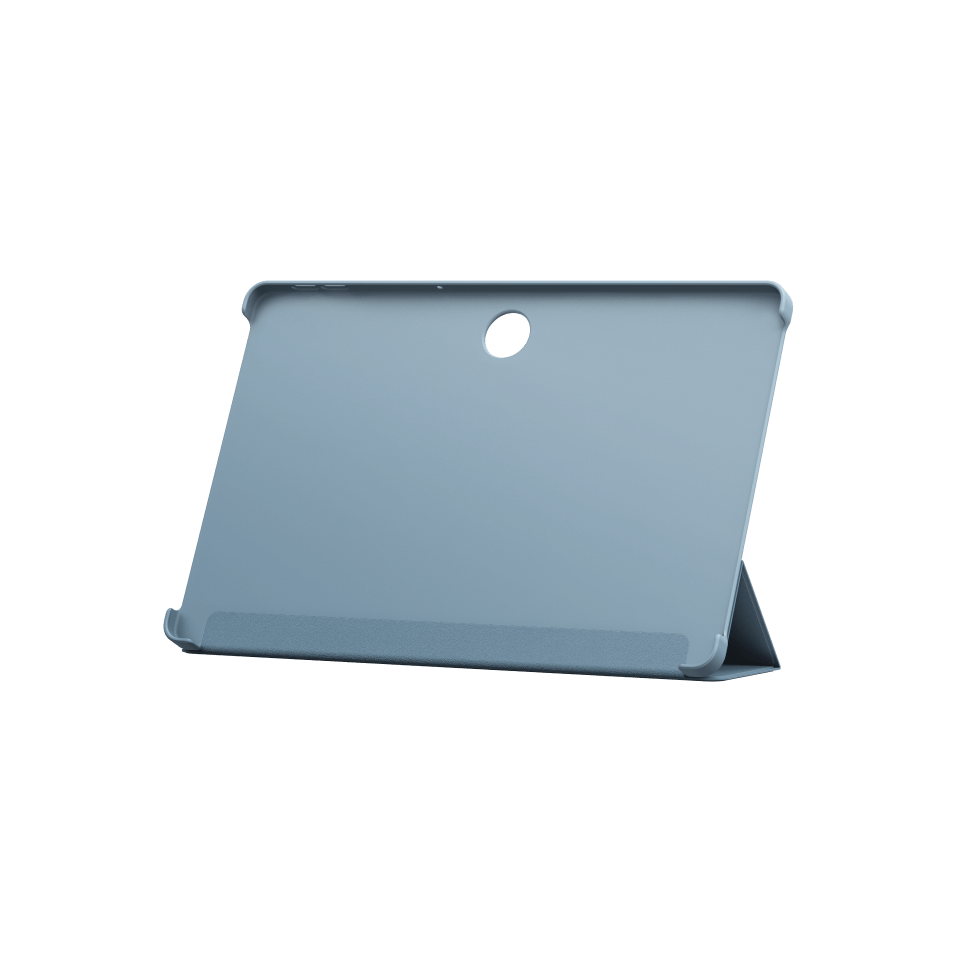 Ein graues Tablet in einer Schutzhülle steht auf einem schwarzen Hintergrund.
